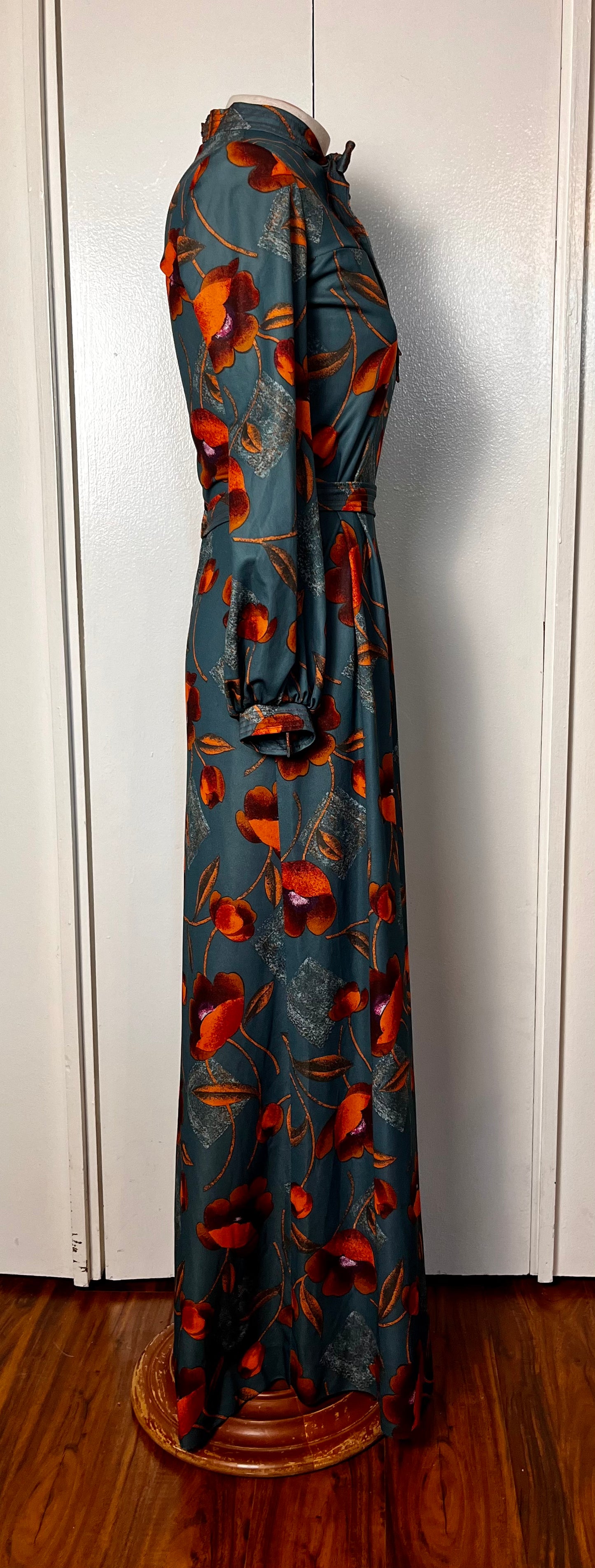 Vintage 1970's Wild Poppy-Print Orange & Teal Tie-Neck Balloon Sleeve A-Line Maxi Dress