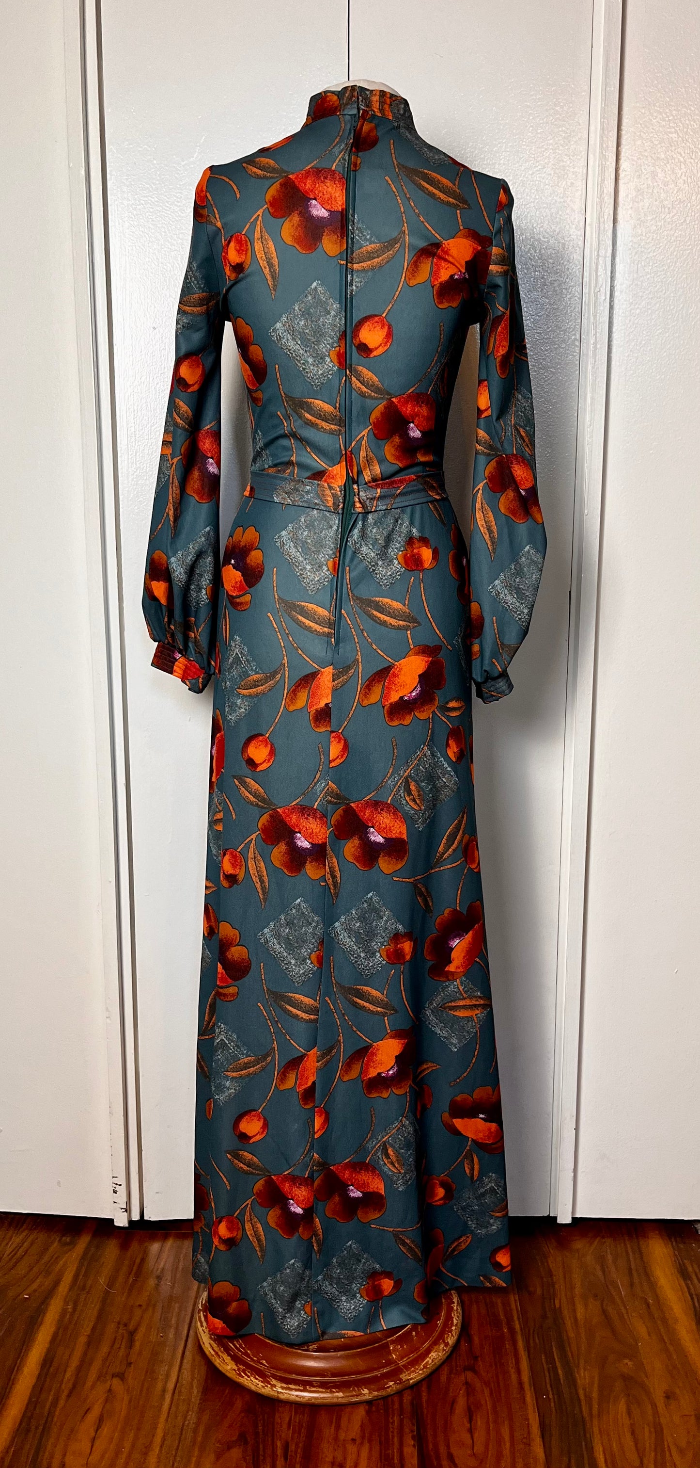 Vintage 1970's Wild Poppy-Print Orange & Teal Tie-Neck Balloon Sleeve A-Line Maxi Dress