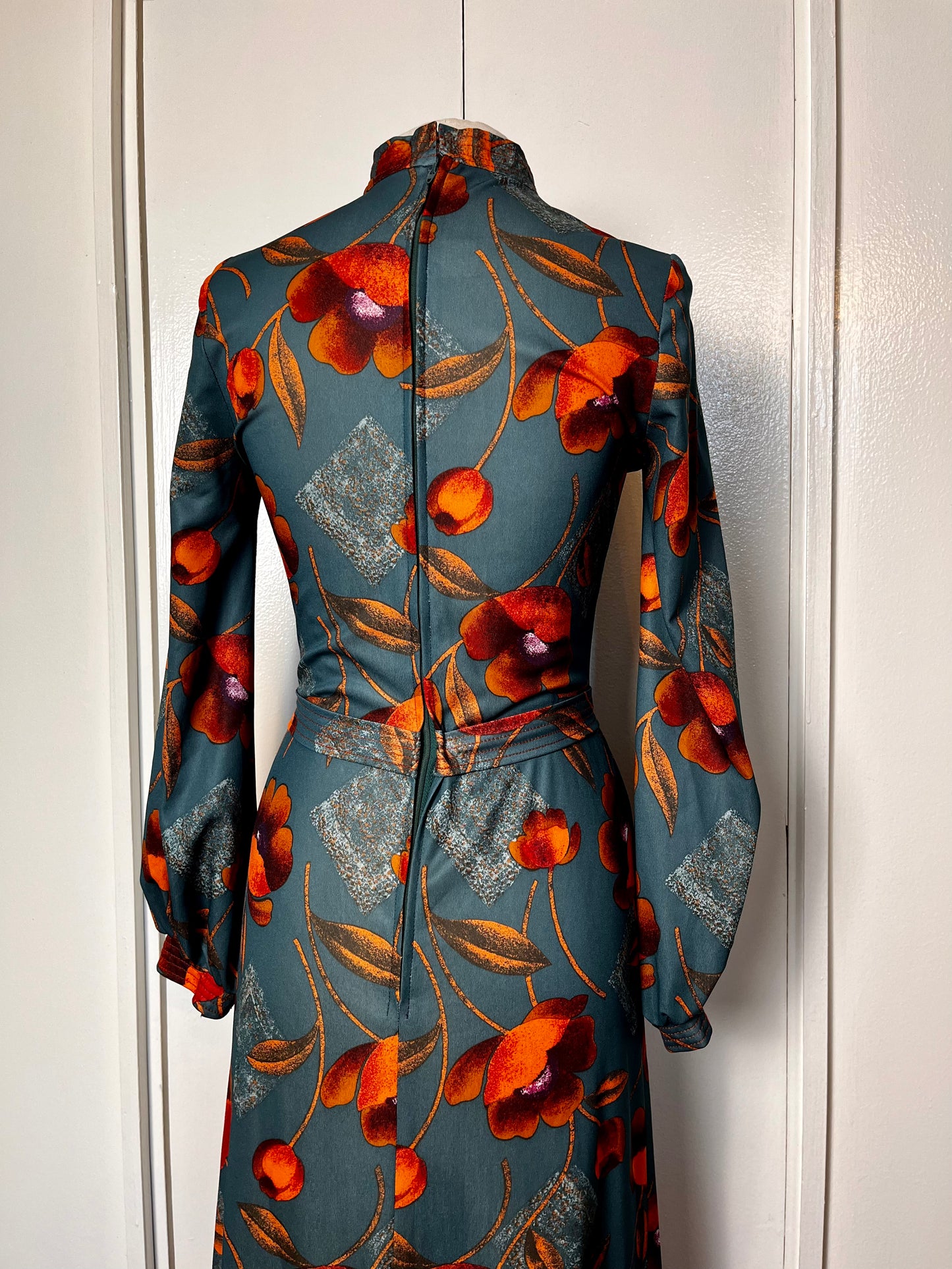 Vintage 1970's Wild Poppy-Print Orange & Teal Tie-Neck Balloon Sleeve A-Line Maxi Dress