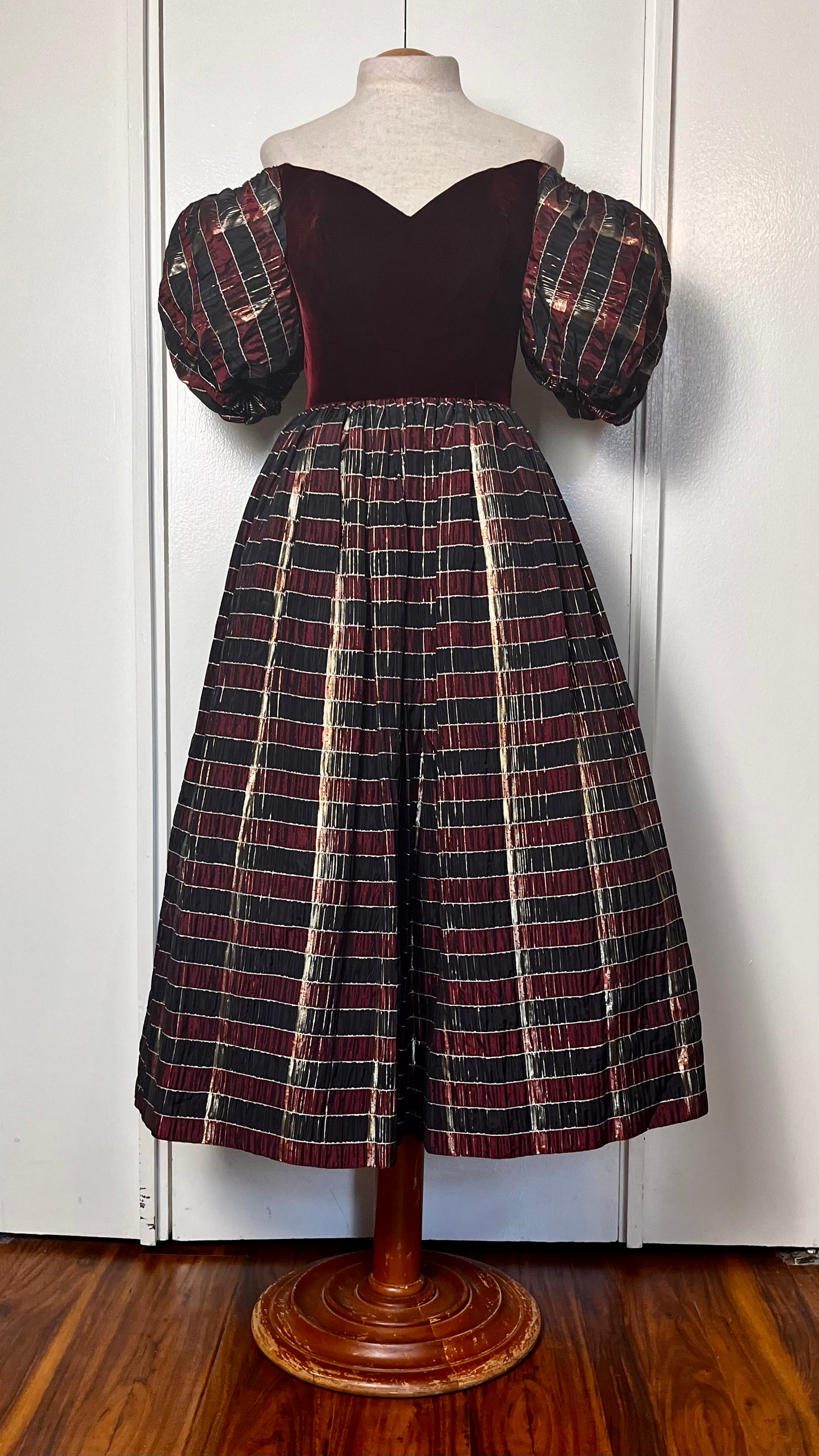 Vintage 1980's "Mike Benet" Red Velvet Puff Sleeve Plaid Gold Shimmer Taffeta Party Dress