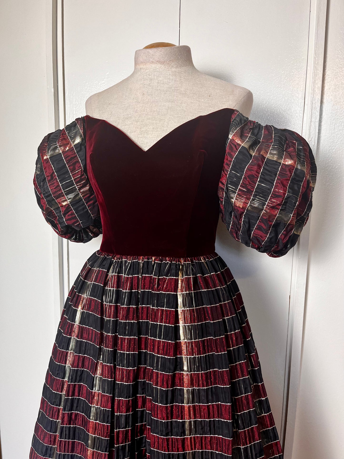 Vintage 1980's "Mike Benet" Red Velvet Puff Sleeve Plaid Gold Shimmer Taffeta Party Dress