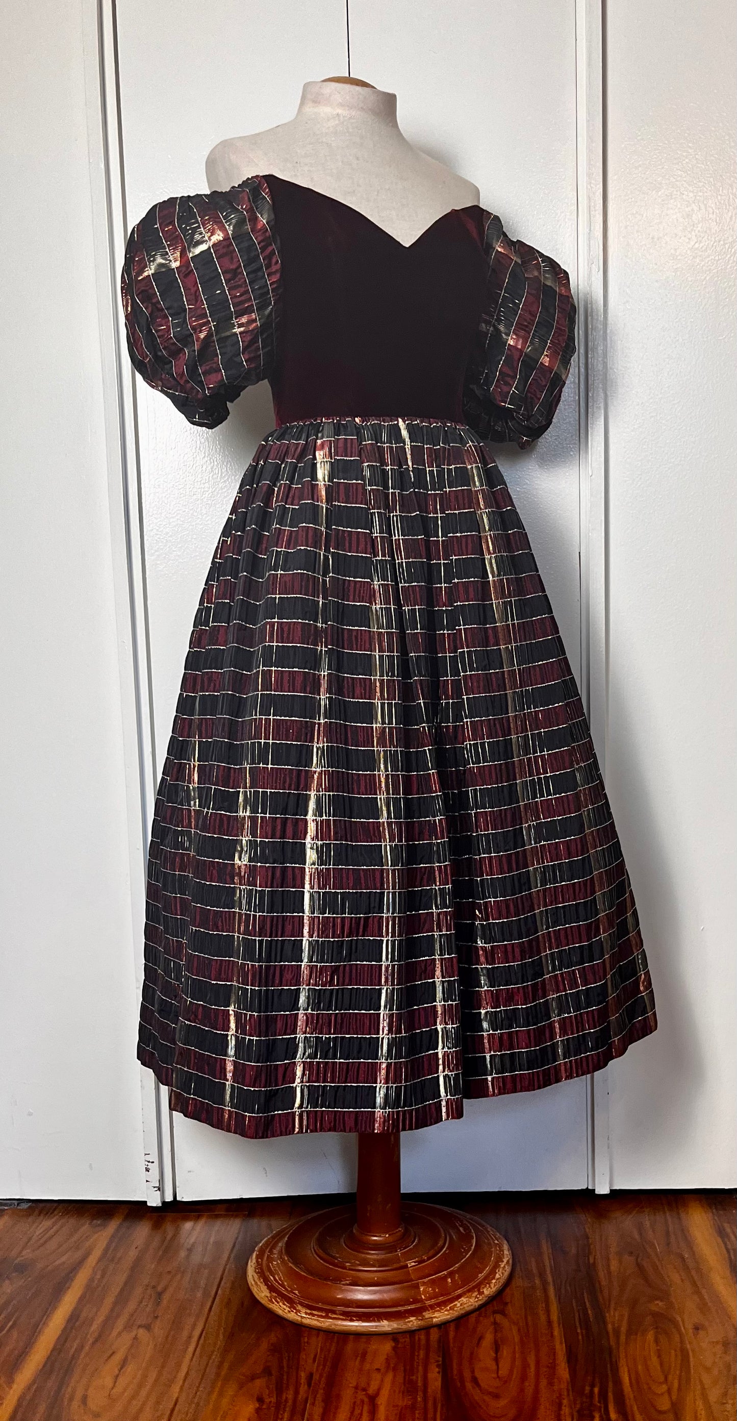 Vintage 1980's "Mike Benet" Red Velvet Puff Sleeve Plaid Gold Shimmer Taffeta Party Dress