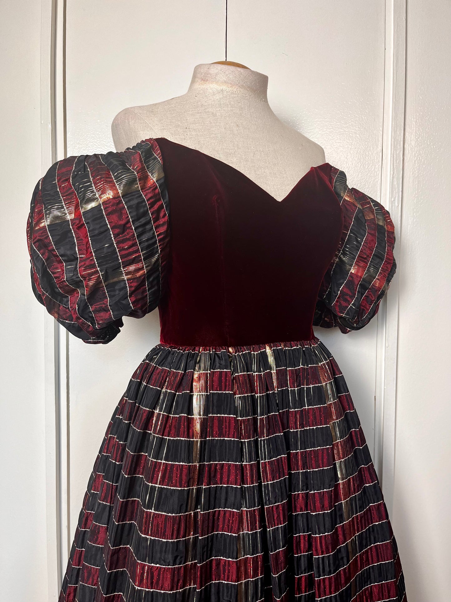 Vintage 1980's "Mike Benet" Red Velvet Puff Sleeve Plaid Gold Shimmer Taffeta Party Dress