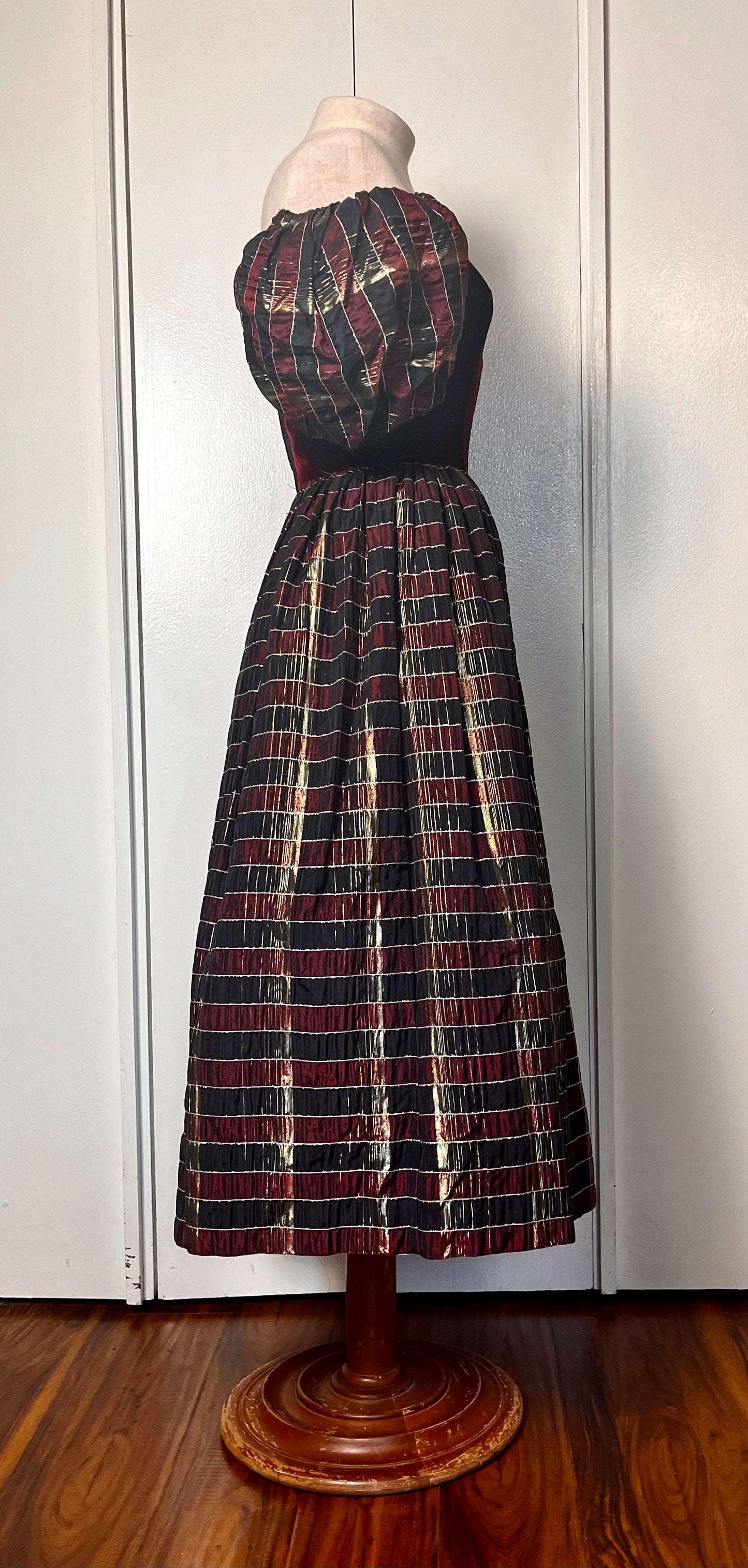 Vintage 1980's "Mike Benet" Red Velvet Puff Sleeve Plaid Gold Shimmer Taffeta Party Dress