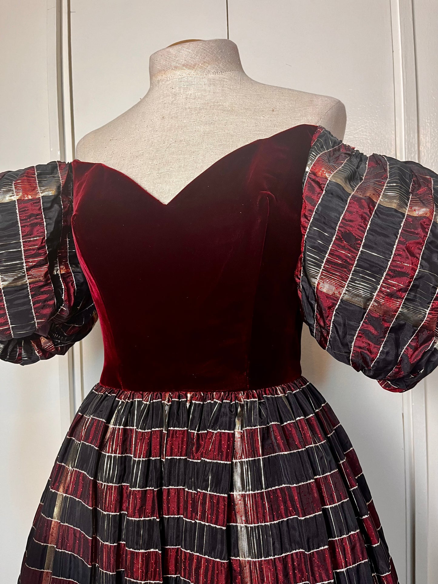 Vintage 1980's "Mike Benet" Red Velvet Puff Sleeve Plaid Gold Shimmer Taffeta Party Dress