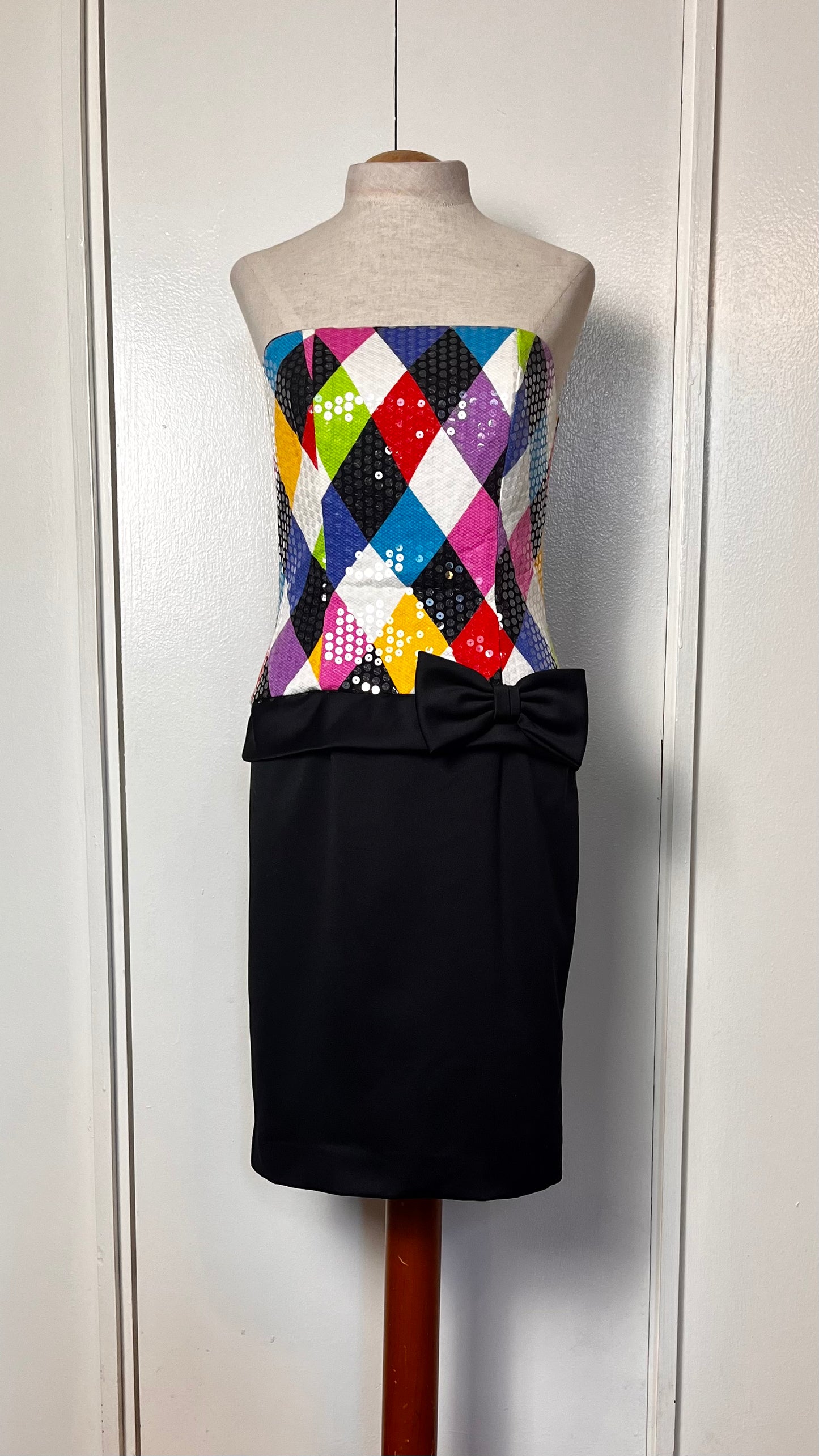 Vintage 1990's "Jenna Benjamin" Rainbow Harlequin Strapless Mini Dress