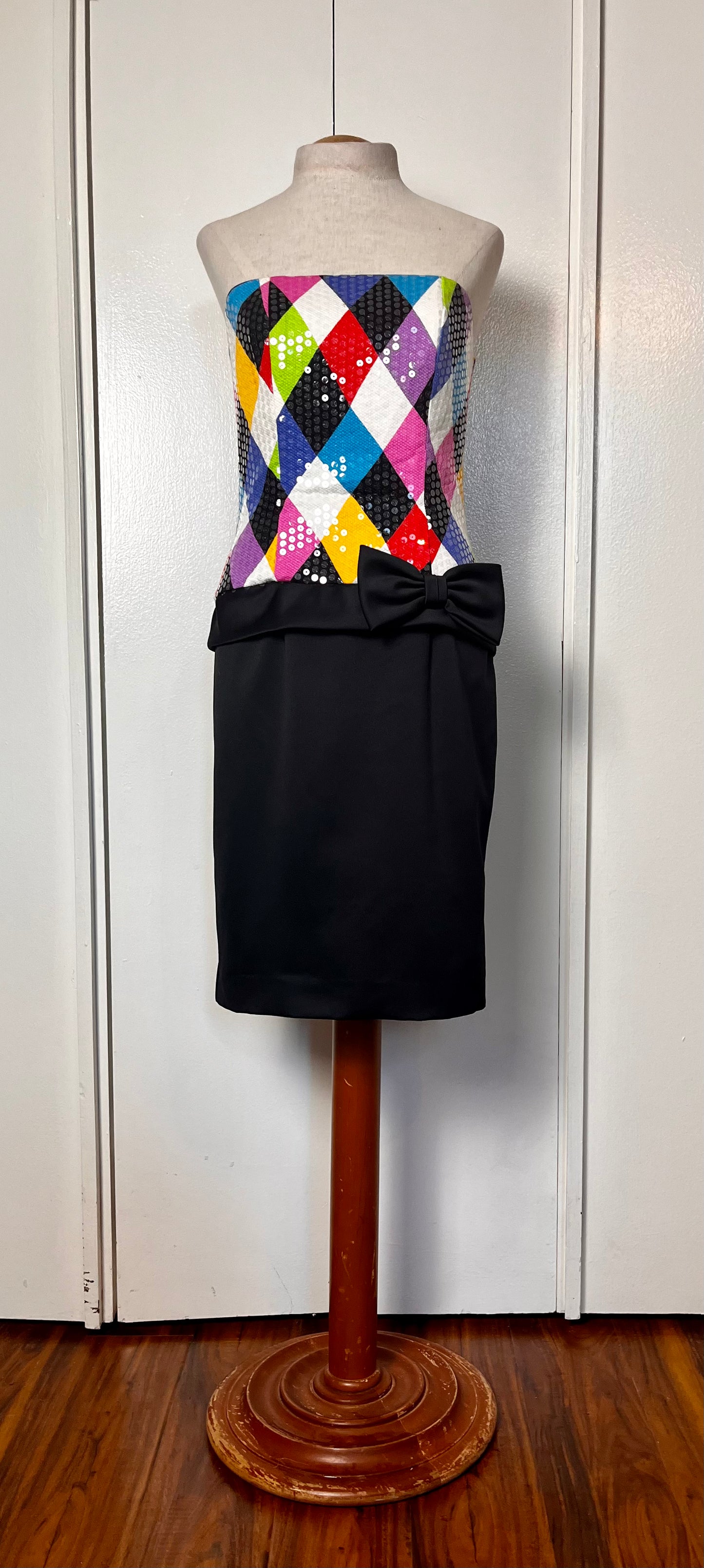 Vintage 1990's "Jenna Benjamin" Rainbow Harlequin Strapless Mini Dress