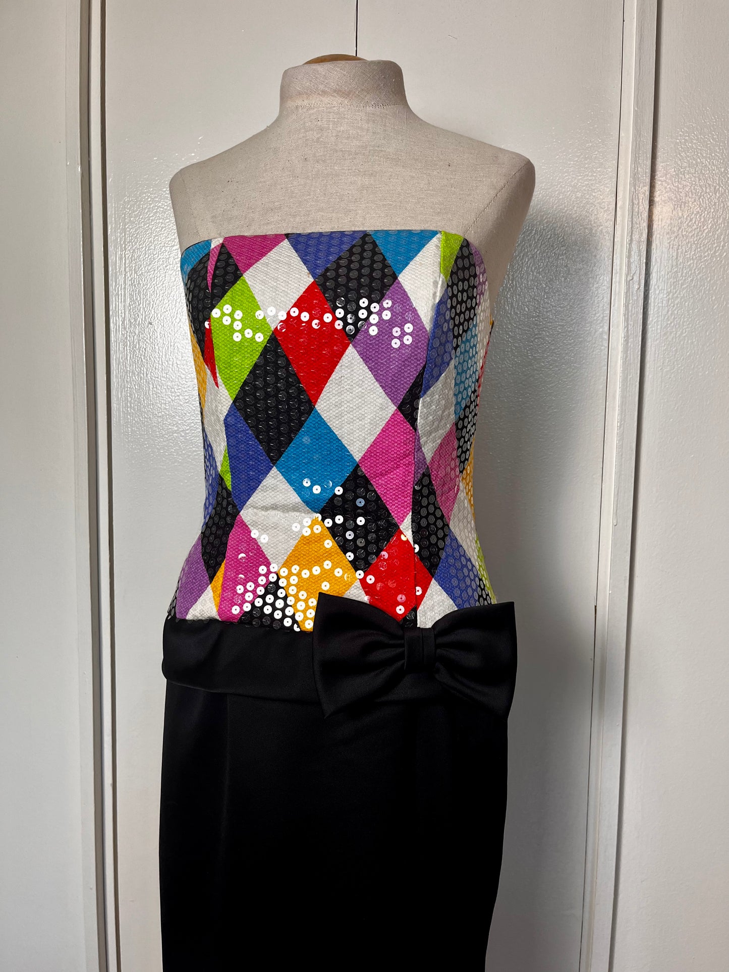 Vintage 1990's "Jenna Benjamin" Rainbow Harlequin Strapless Mini Dress