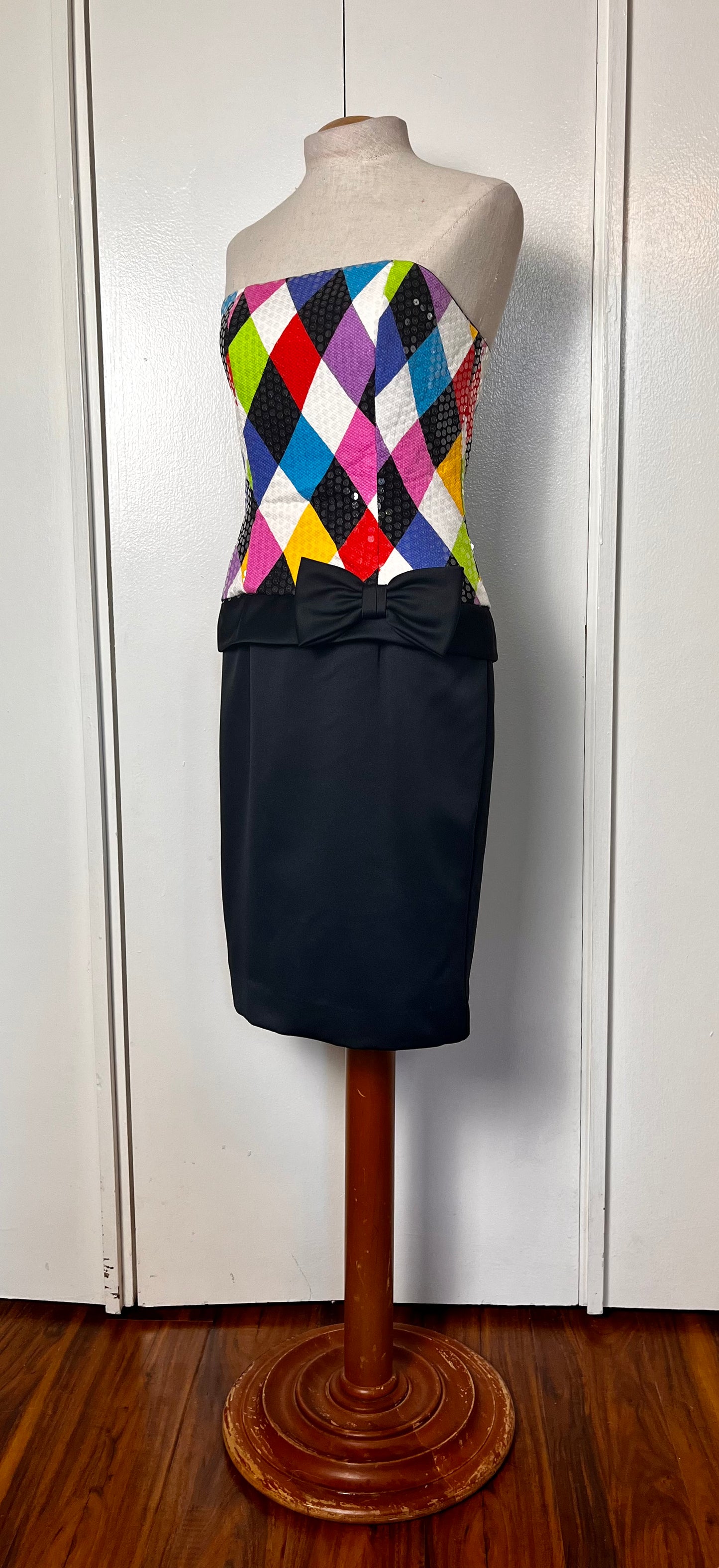 Vintage 1990's "Jenna Benjamin" Rainbow Harlequin Strapless Mini Dress