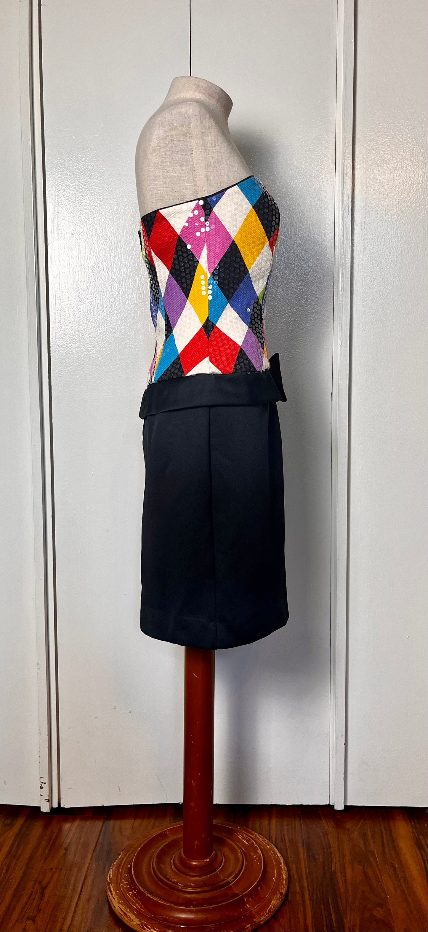 Vintage 1990's "Jenna Benjamin" Rainbow Harlequin Strapless Mini Dress