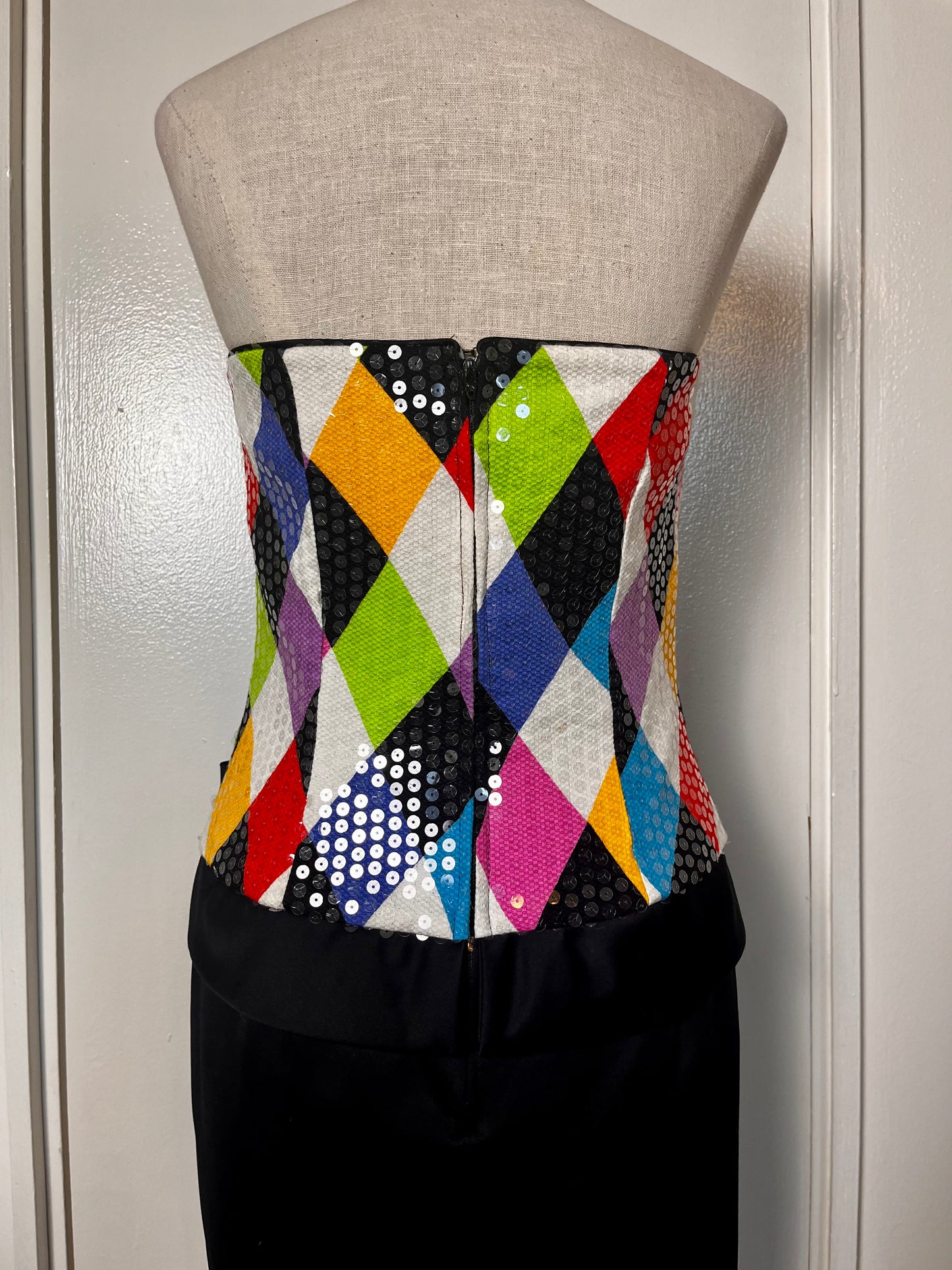 Vintage 1990's "Jenna Benjamin" Rainbow Harlequin Strapless Mini Dress