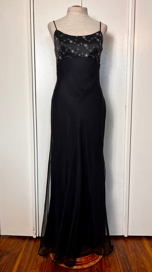 Vintage 1990's "Kiki" Black & Silver Embroidered Satin and Chiffon Maxi Dress