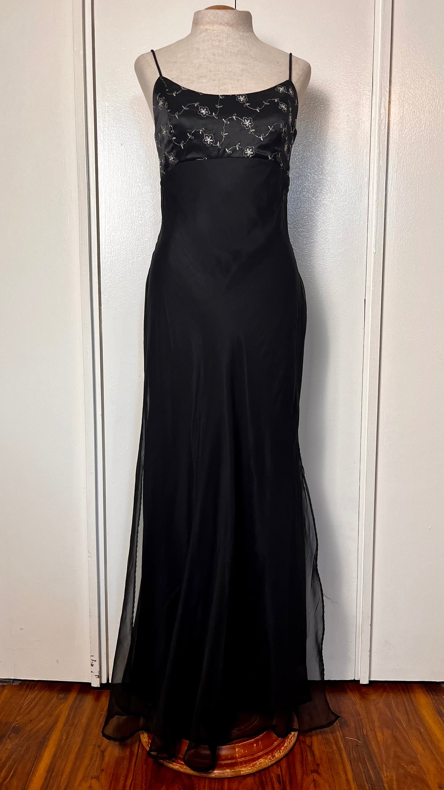 Vintage 1990's "Kiki" Black & Silver Embroidered Satin and Chiffon Maxi Dress