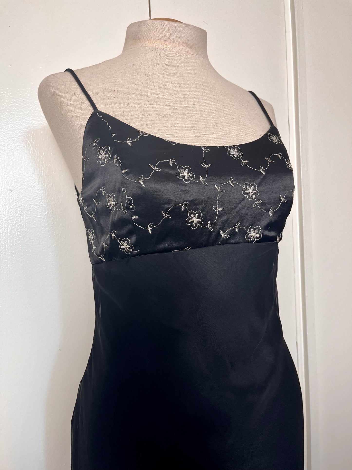 Vintage 1990's "Kiki" Black & Silver Embroidered Satin and Chiffon Maxi Dress