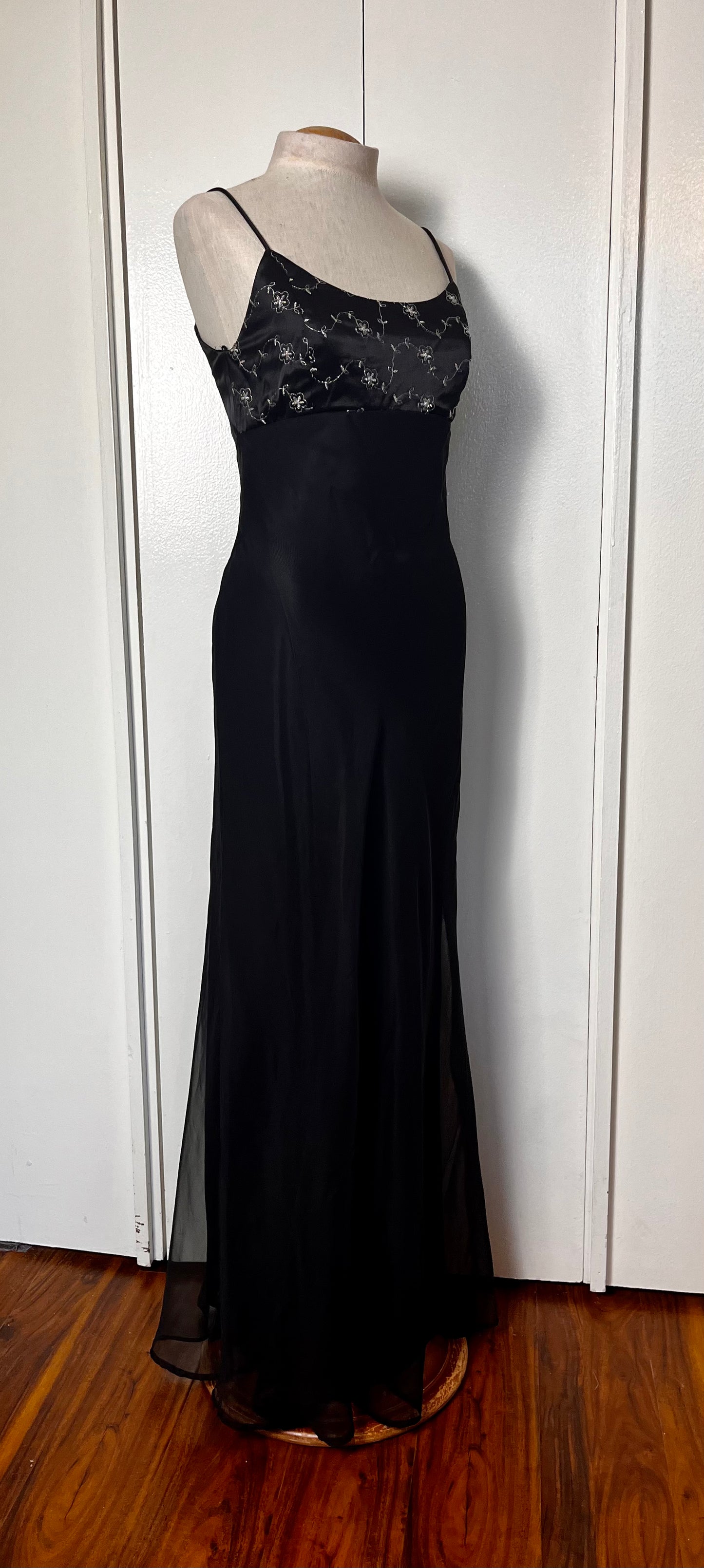 Vintage 1990's "Kiki" Black & Silver Embroidered Satin and Chiffon Maxi Dress