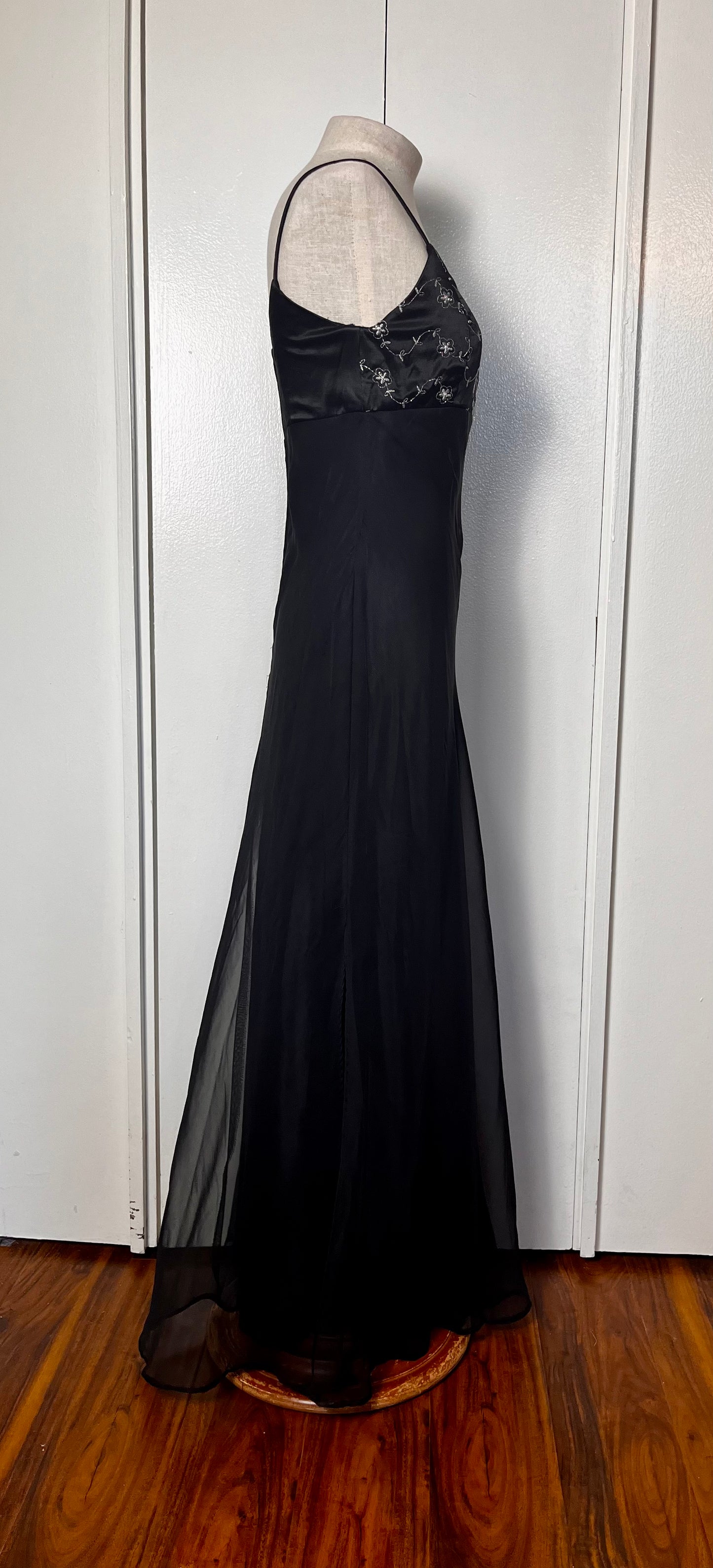 Vintage 1990's "Kiki" Black & Silver Embroidered Satin and Chiffon Maxi Dress