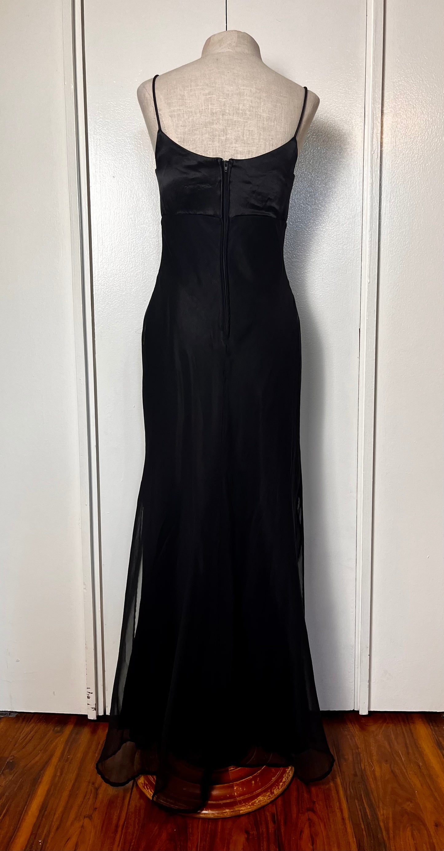 Vintage 1990's "Kiki" Black & Silver Embroidered Satin and Chiffon Maxi Dress