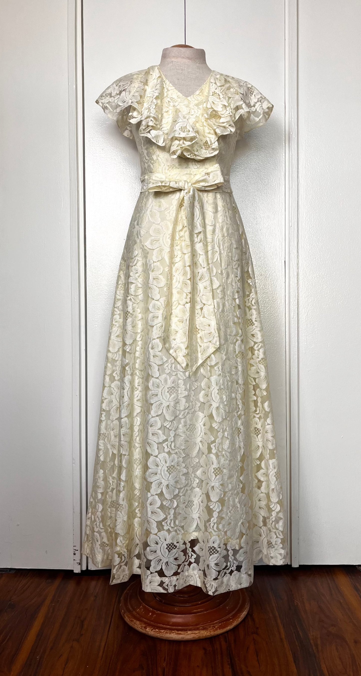 Vintage 1970's Buttercream Lace Hawaiian-Floral Prairie Maxi Dress