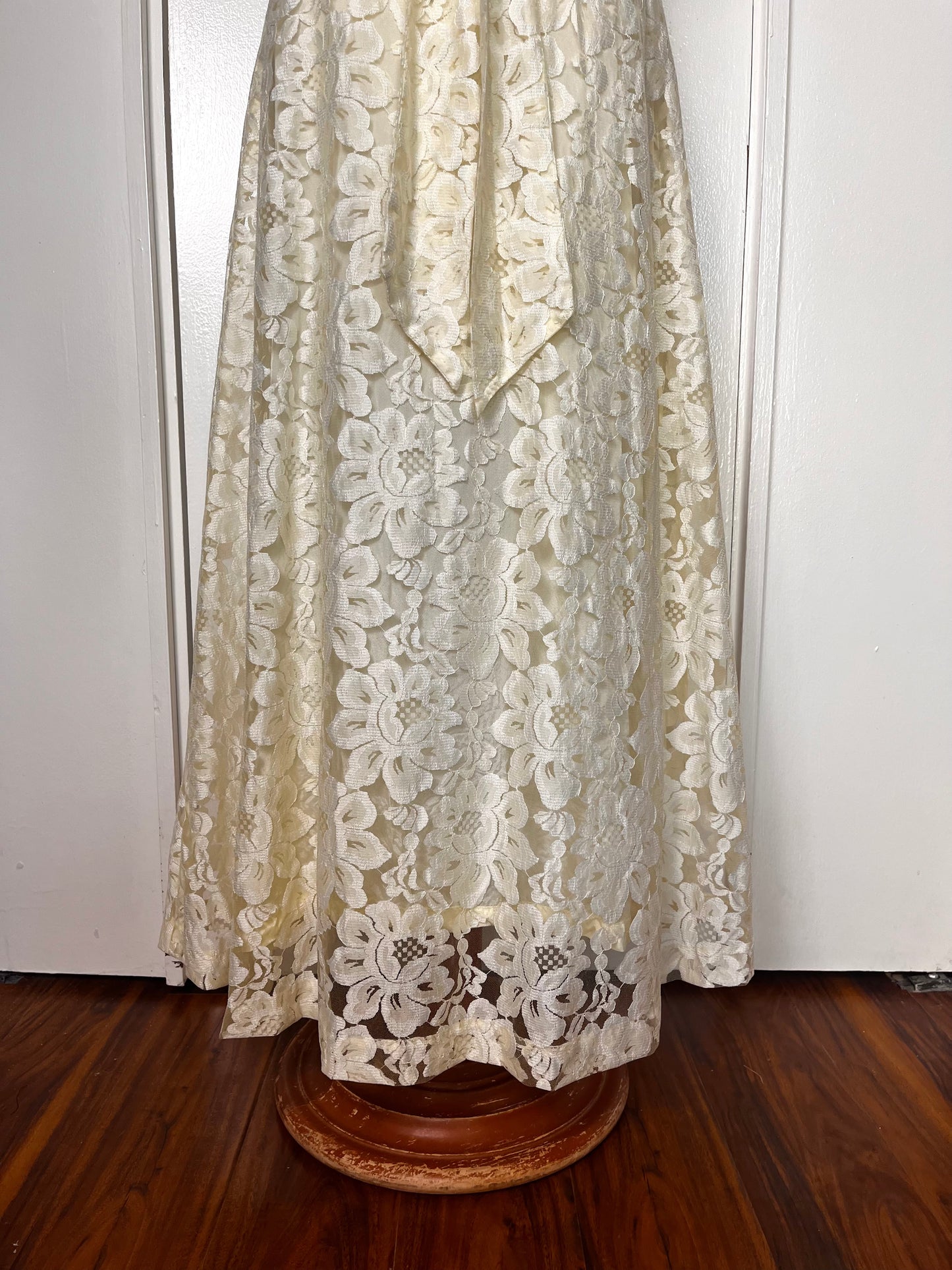 Vintage 1970's Buttercream Lace Hawaiian-Floral Prairie Maxi Dress