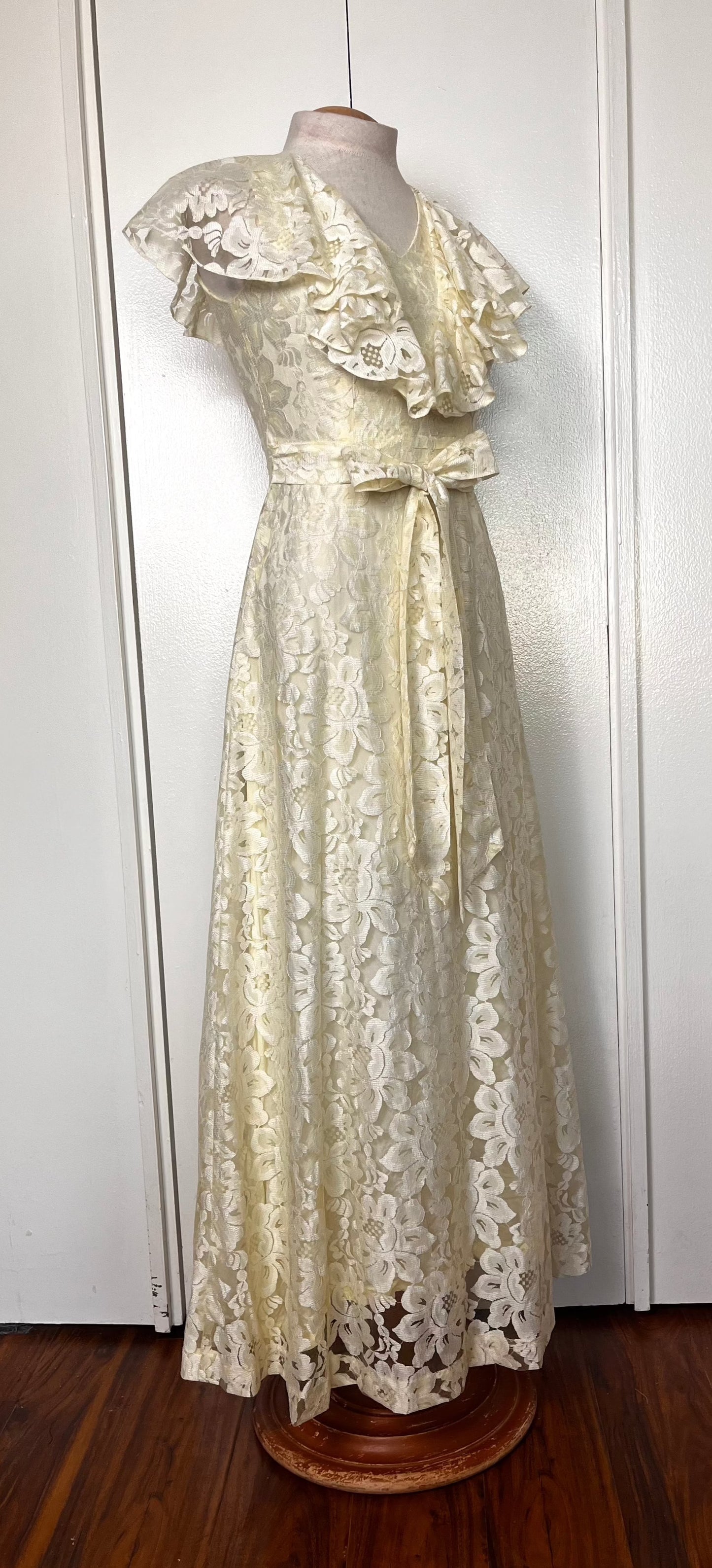 Vintage 1970's Buttercream Lace Hawaiian-Floral Prairie Maxi Dress