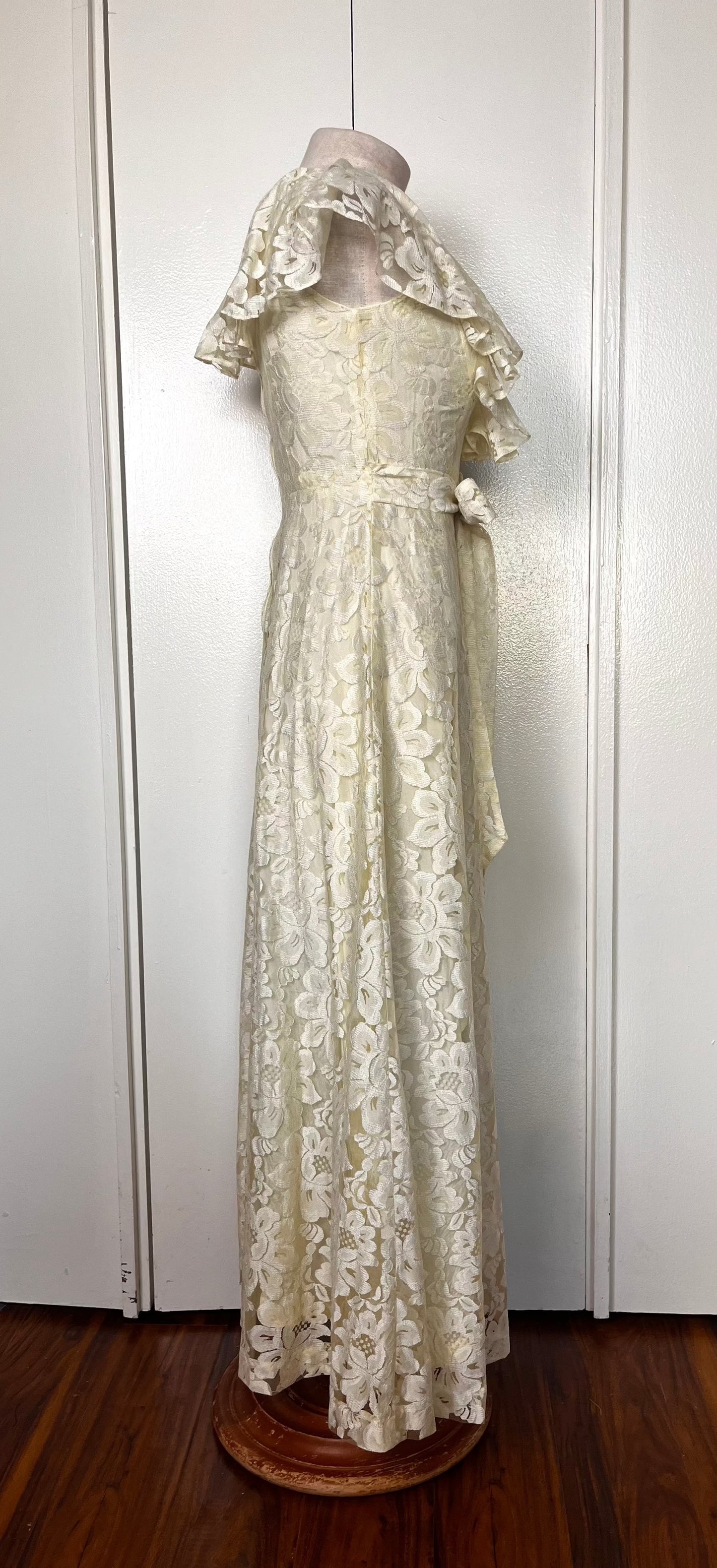 Vintage 1970's Buttercream Lace Hawaiian-Floral Prairie Maxi Dress