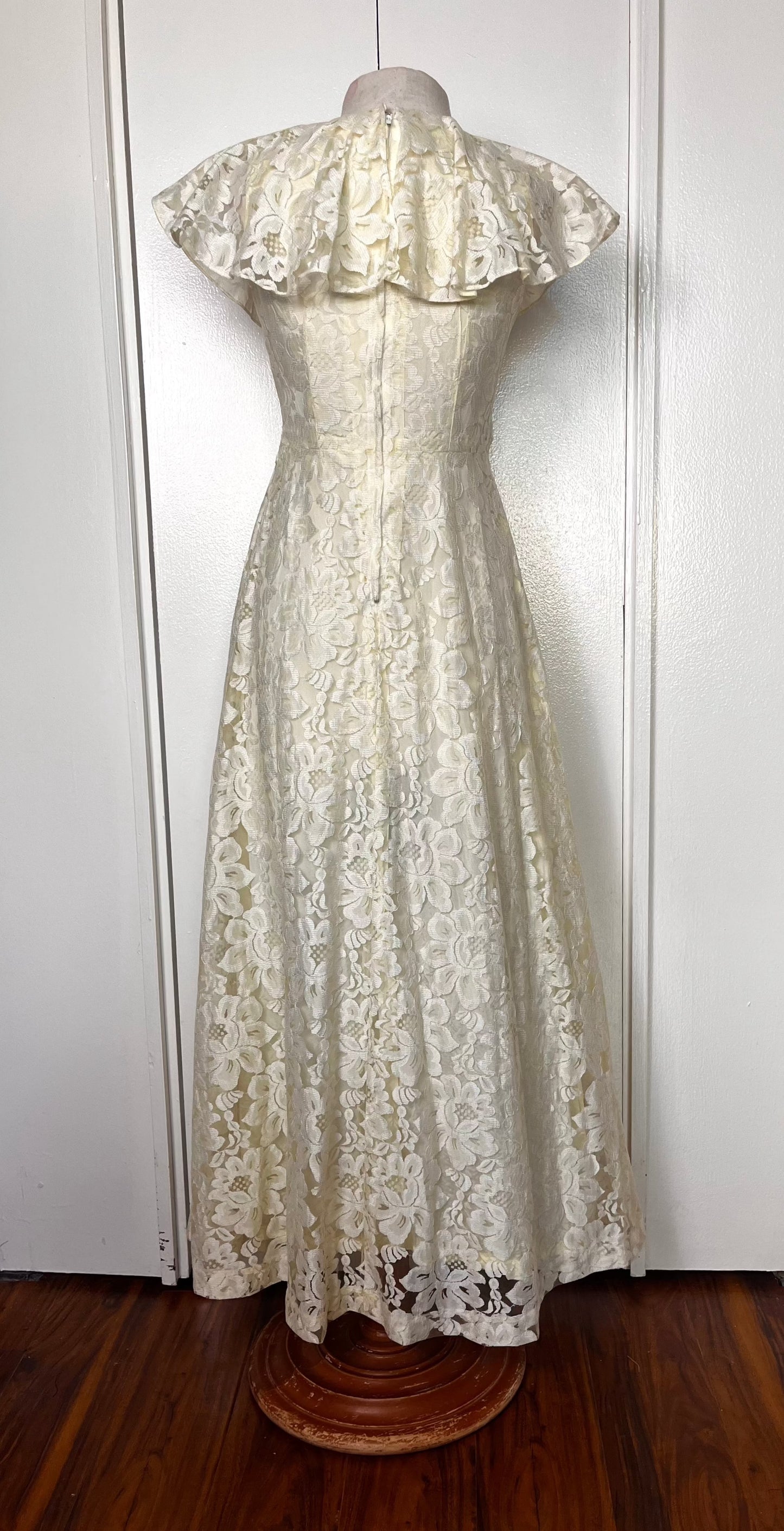 Vintage 1970's Buttercream Lace Hawaiian-Floral Prairie Maxi Dress