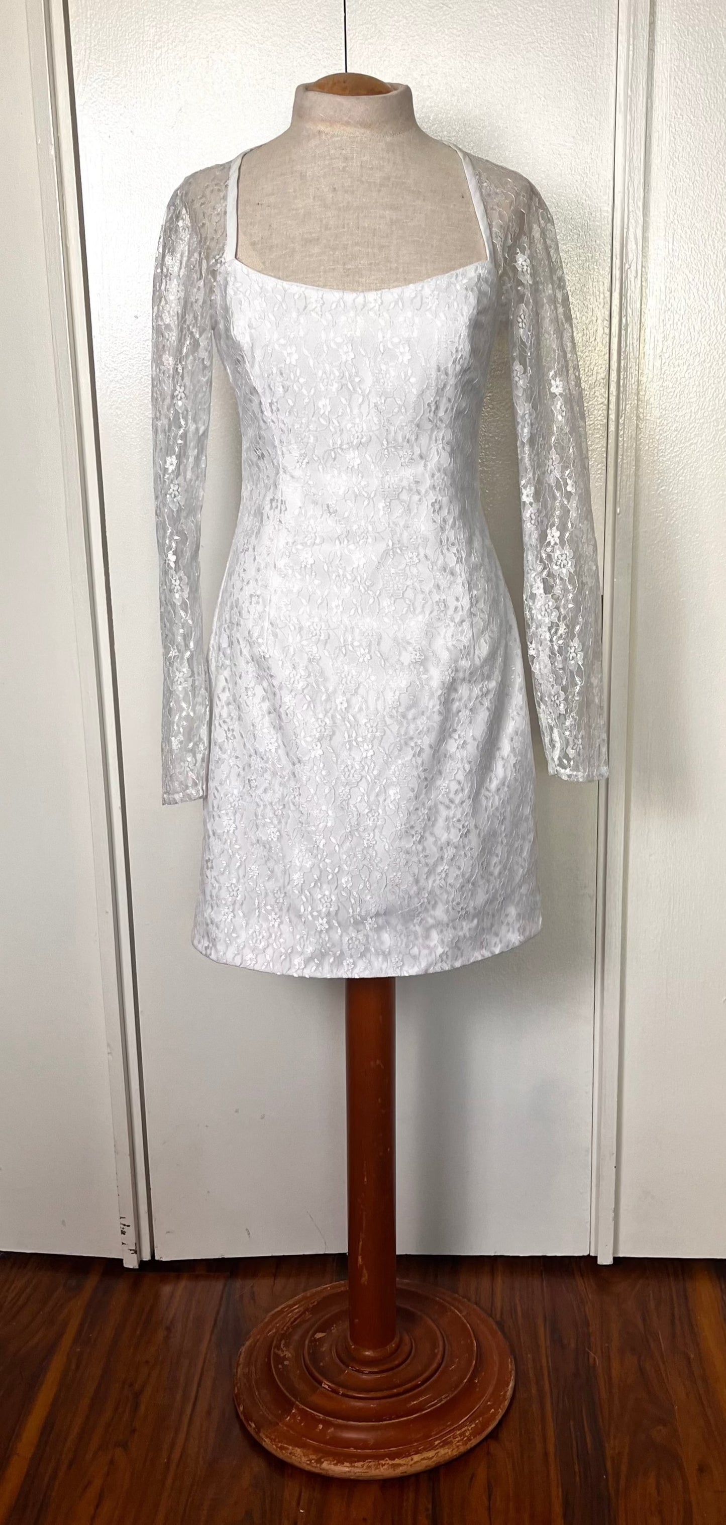 Vintage 1990's White Lace Long Sleeve Fitted Mini Dress