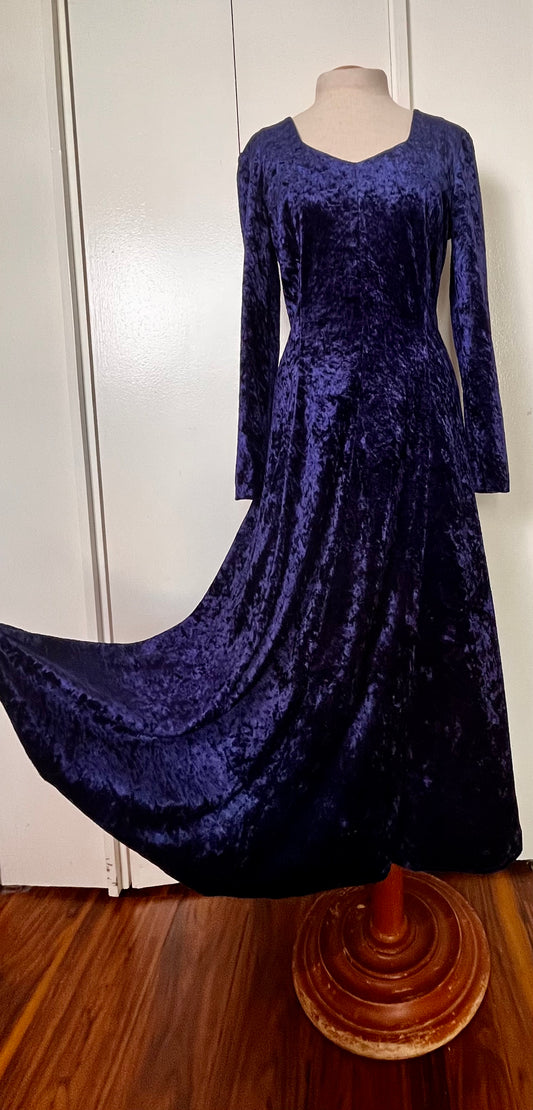 Vintage 1990's "Molly Malloy" Blue Crushed Velvet Long Sleeve Dress