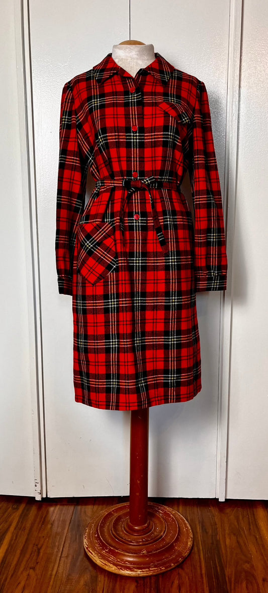 Vintage 1970's "Pendleton" Red Plaid Wool Coat Dress with Belt