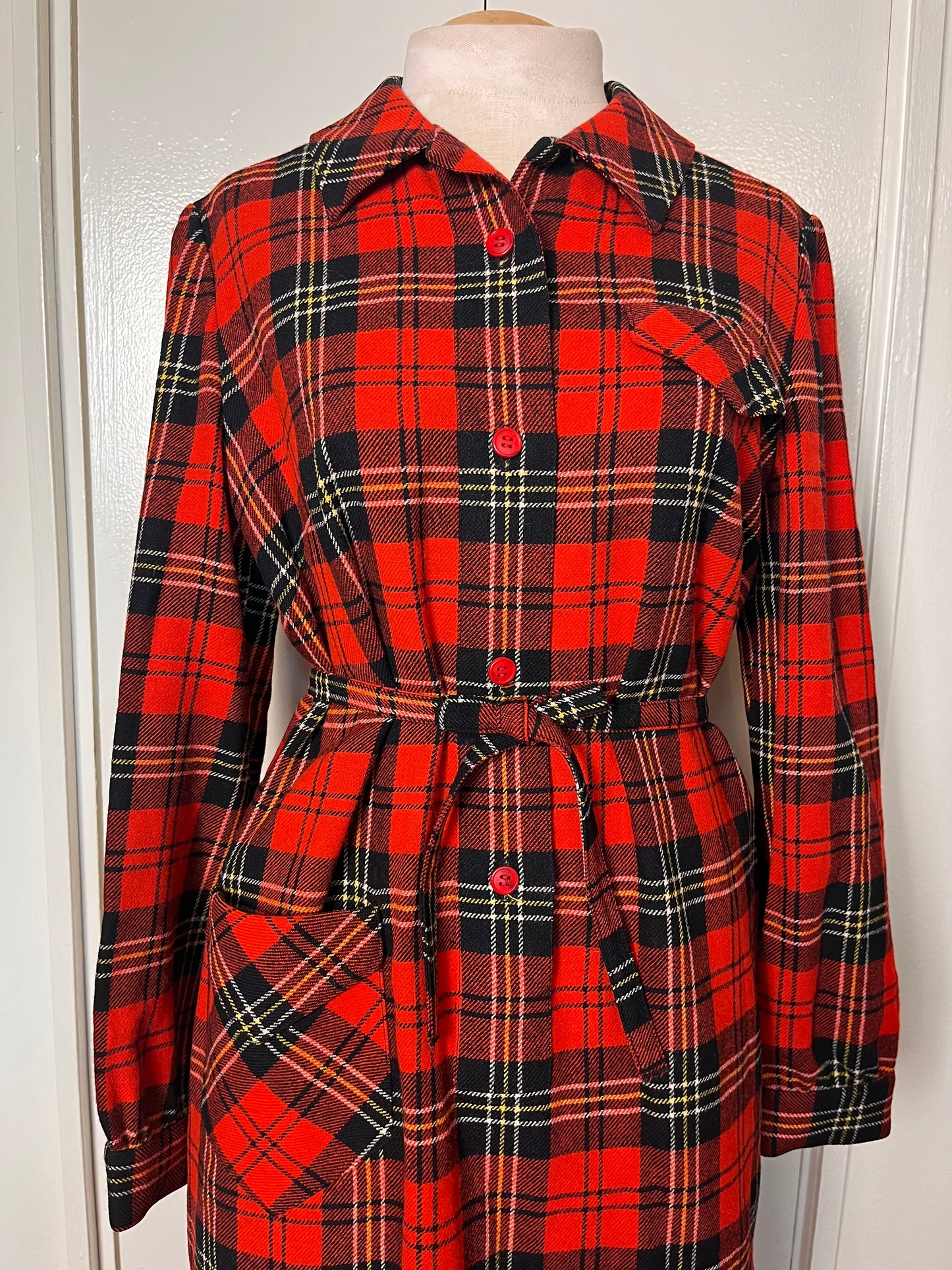 Vintage 1970's "Pendleton" Red Plaid Wool Coat Dress with Belt