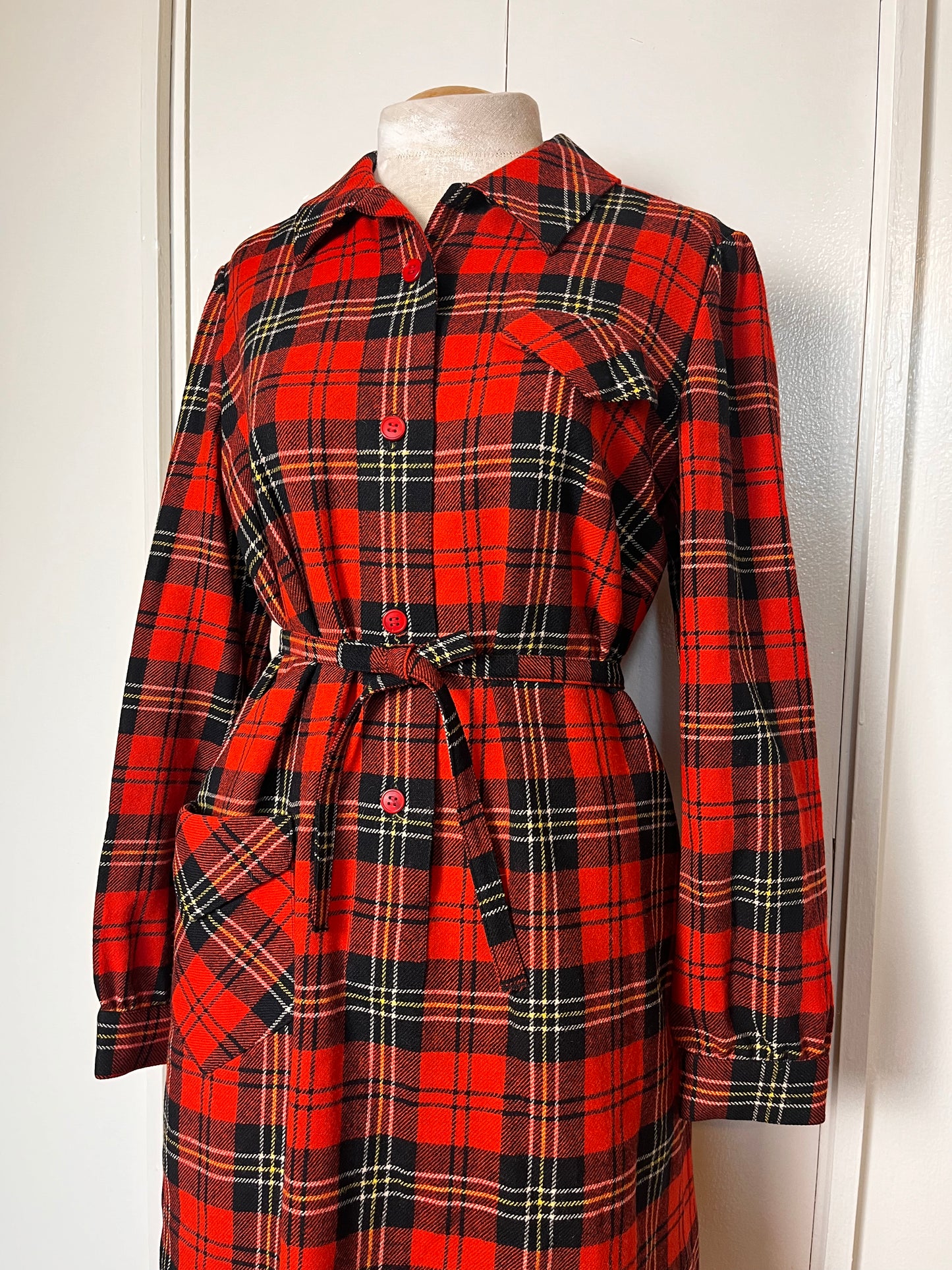 Vintage 1970's "Pendleton" Red Plaid Wool Coat Dress with Belt