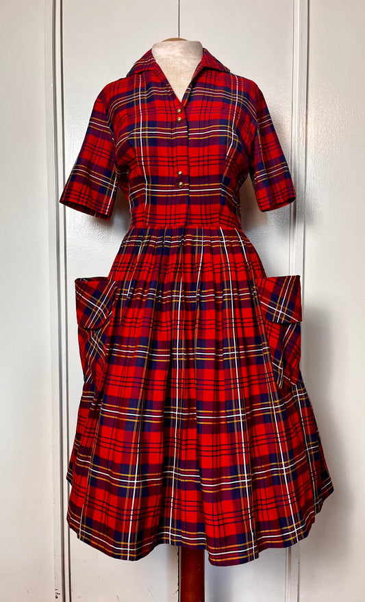 Vintage 1950's Shirtwaist Dress in Red Cotton Plaid with Gold Buttons and Saddlebag Pockets