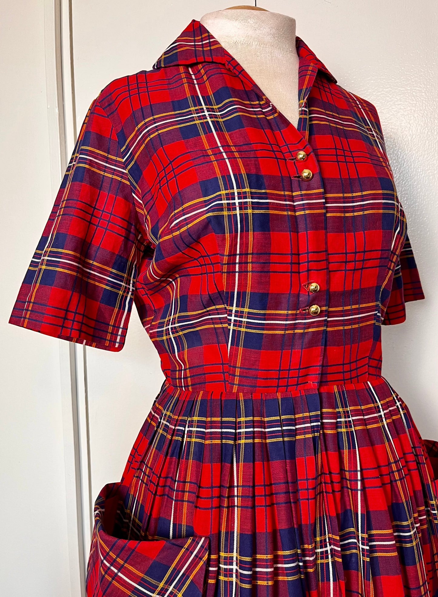 Vintage 1950's Shirtwaist Dress in Red Cotton Plaid with Gold Buttons and Saddlebag Pockets