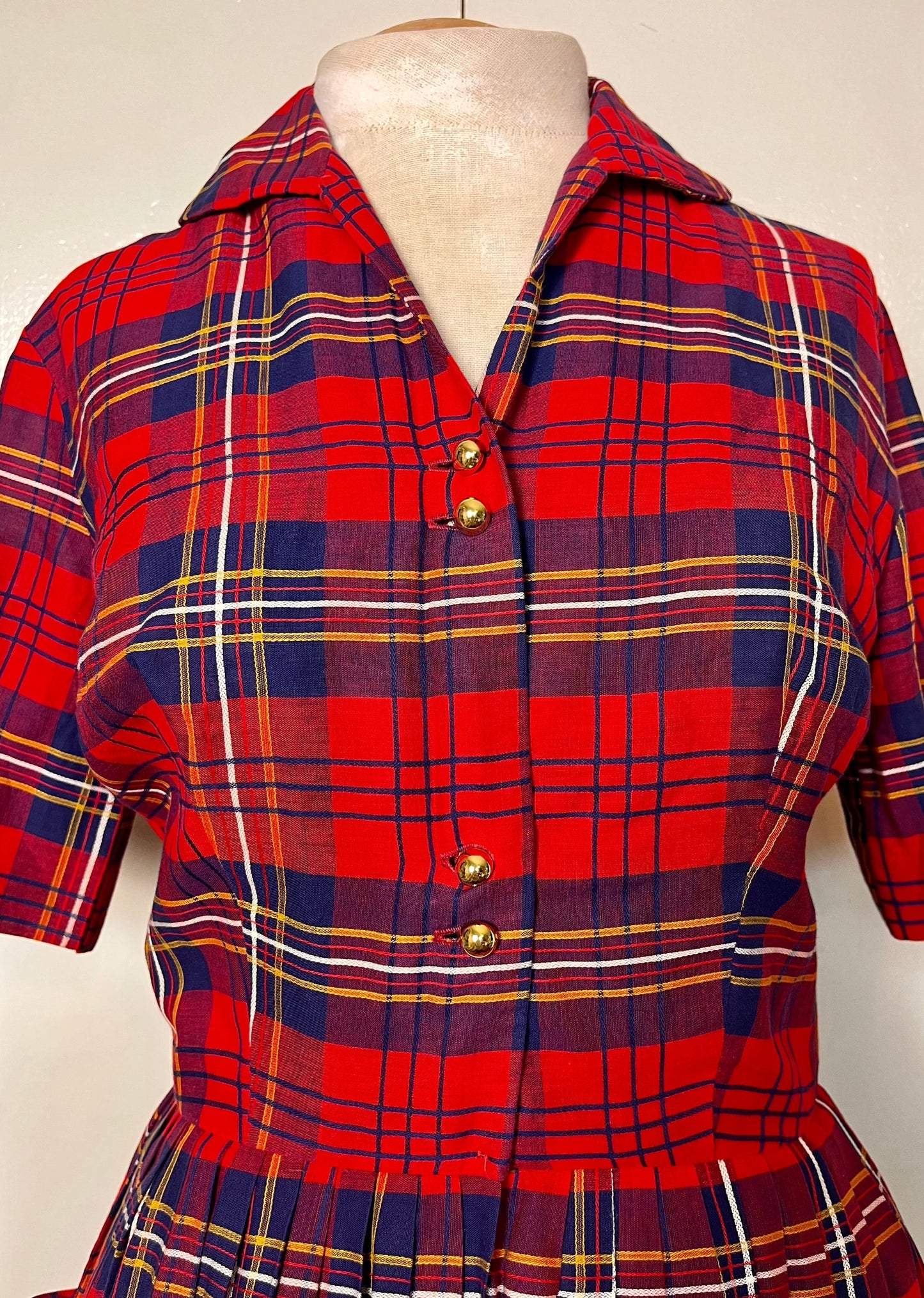 Vintage 1950's Shirtwaist Dress in Red Cotton Plaid with Gold Buttons and Saddlebag Pockets