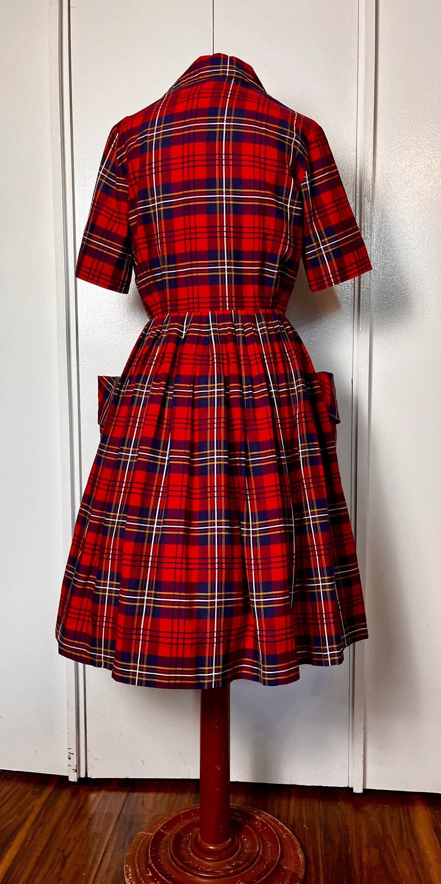 Vintage 1950's Shirtwaist Dress in Red Cotton Plaid with Gold Buttons and Saddlebag Pockets