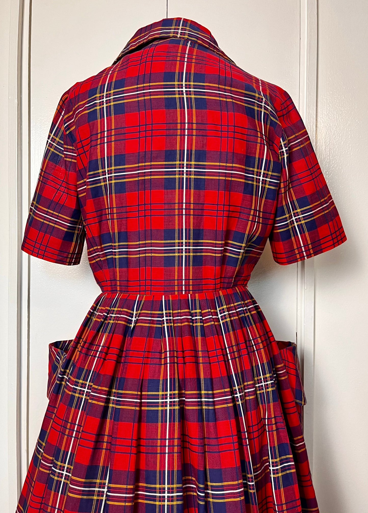 Vintage 1950's Shirtwaist Dress in Red Cotton Plaid with Gold Buttons and Saddlebag Pockets