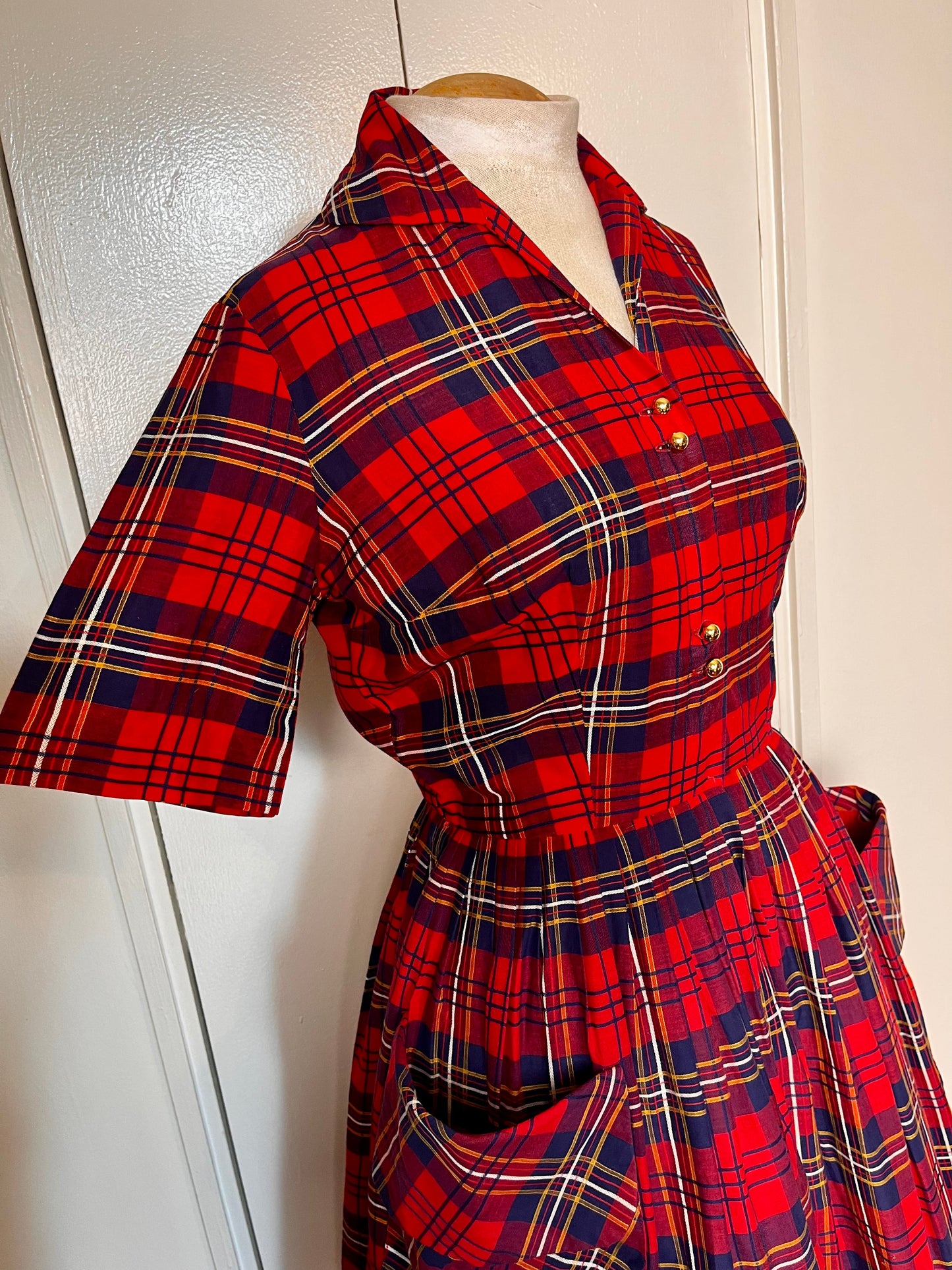 Vintage 1950's Shirtwaist Dress in Red Cotton Plaid with Gold Buttons and Saddlebag Pockets