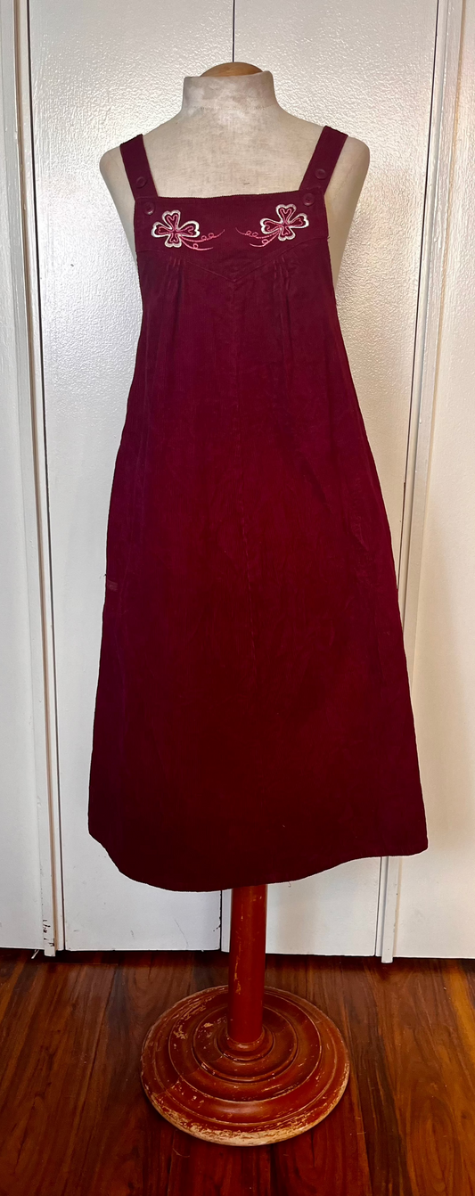 Vintage 1970's "Mizz Lizz" Embroidered Corduroy Maroon Jumper Dress