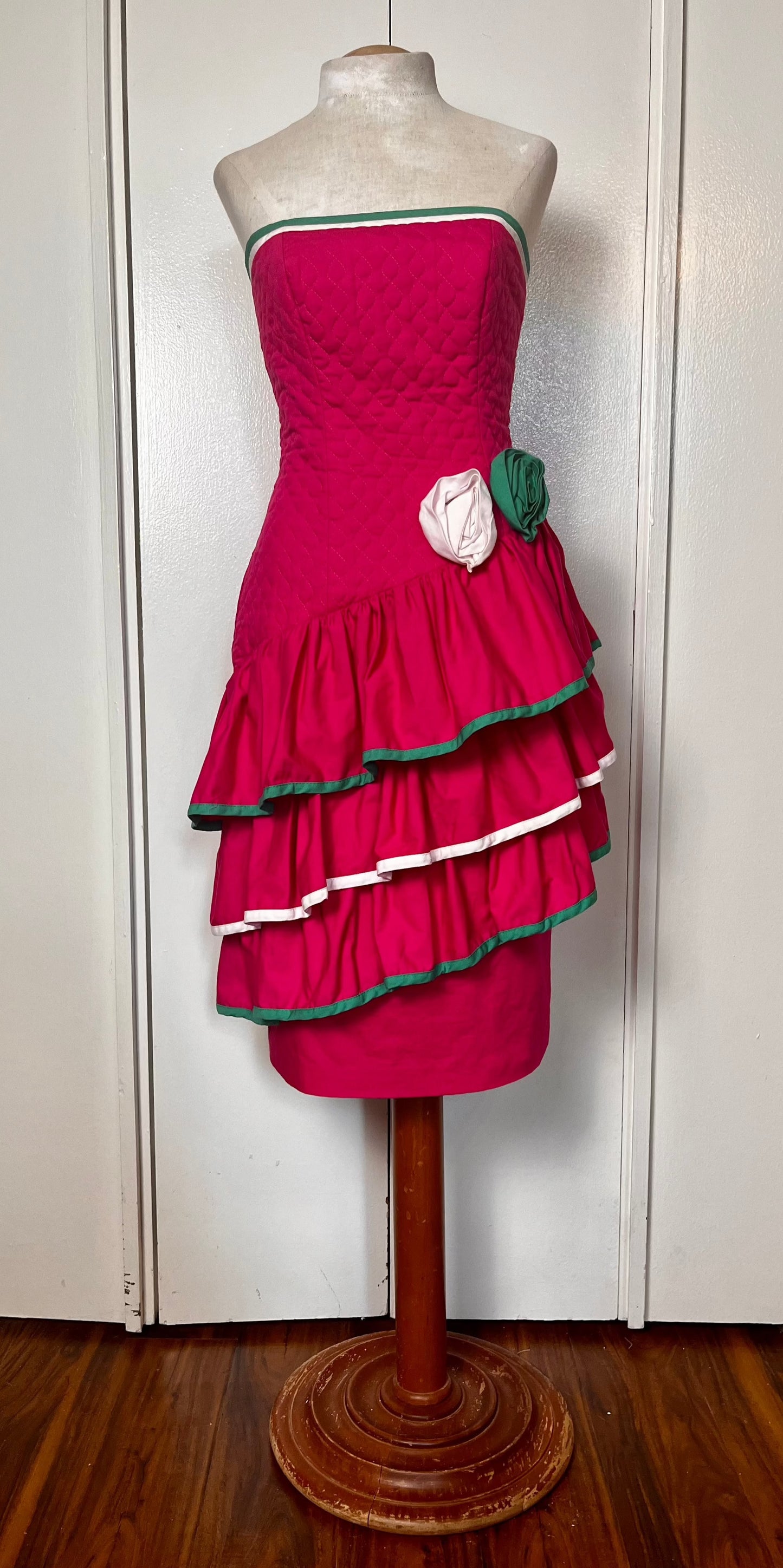 Vintage 1980's Hot Pink & Green Quilted Strapless Dress