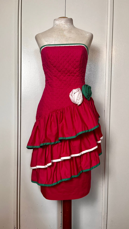 Vintage 1980's Hot Pink & Green Quilted Strapless Dress