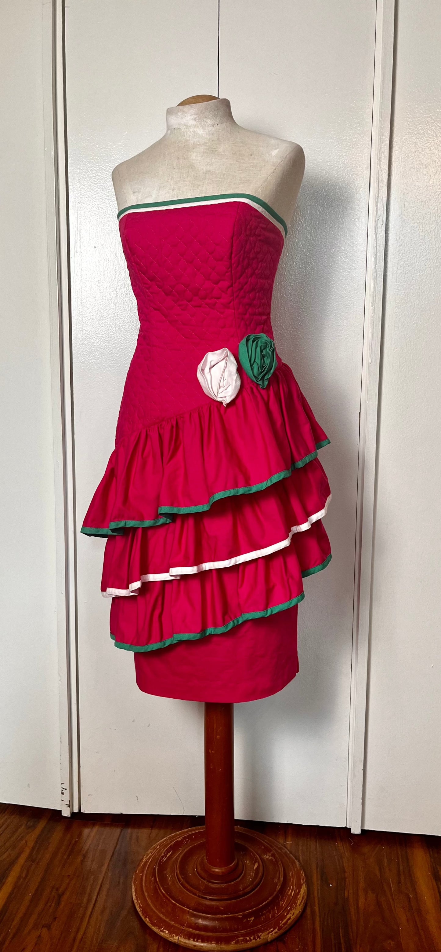 Vintage 1980's Hot Pink & Green Quilted Strapless Dress