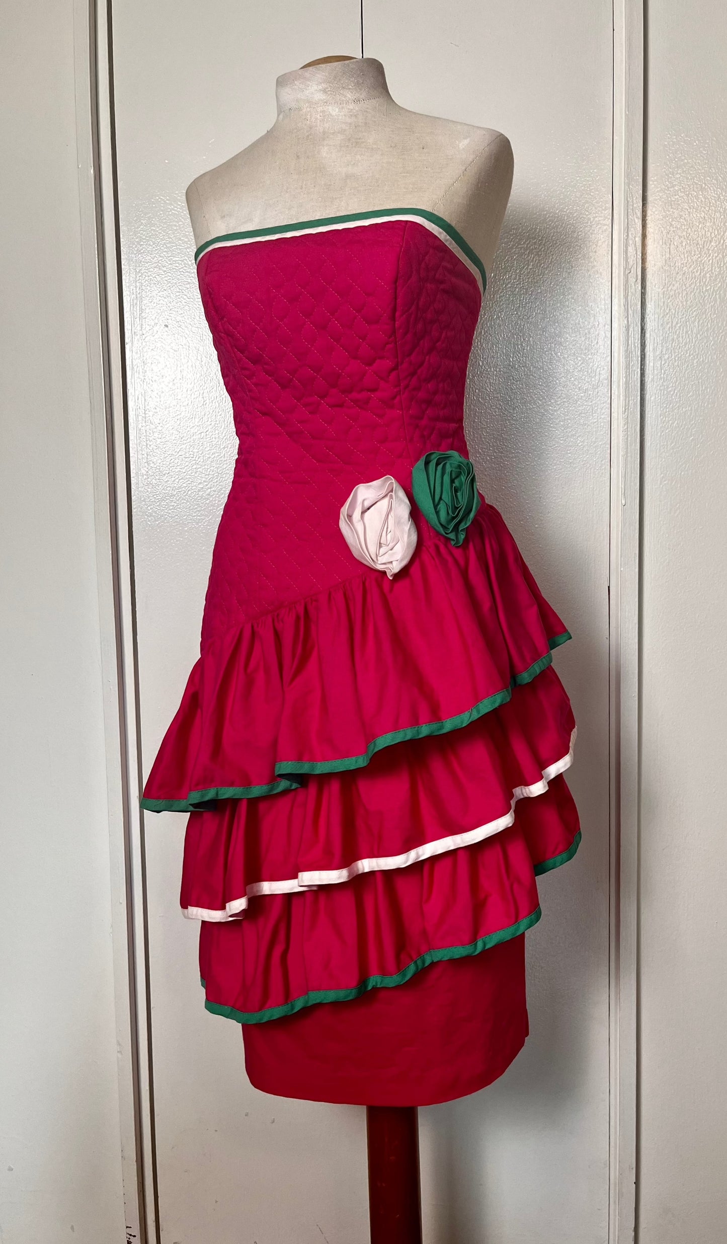 Vintage 1980's Hot Pink & Green Quilted Strapless Dress