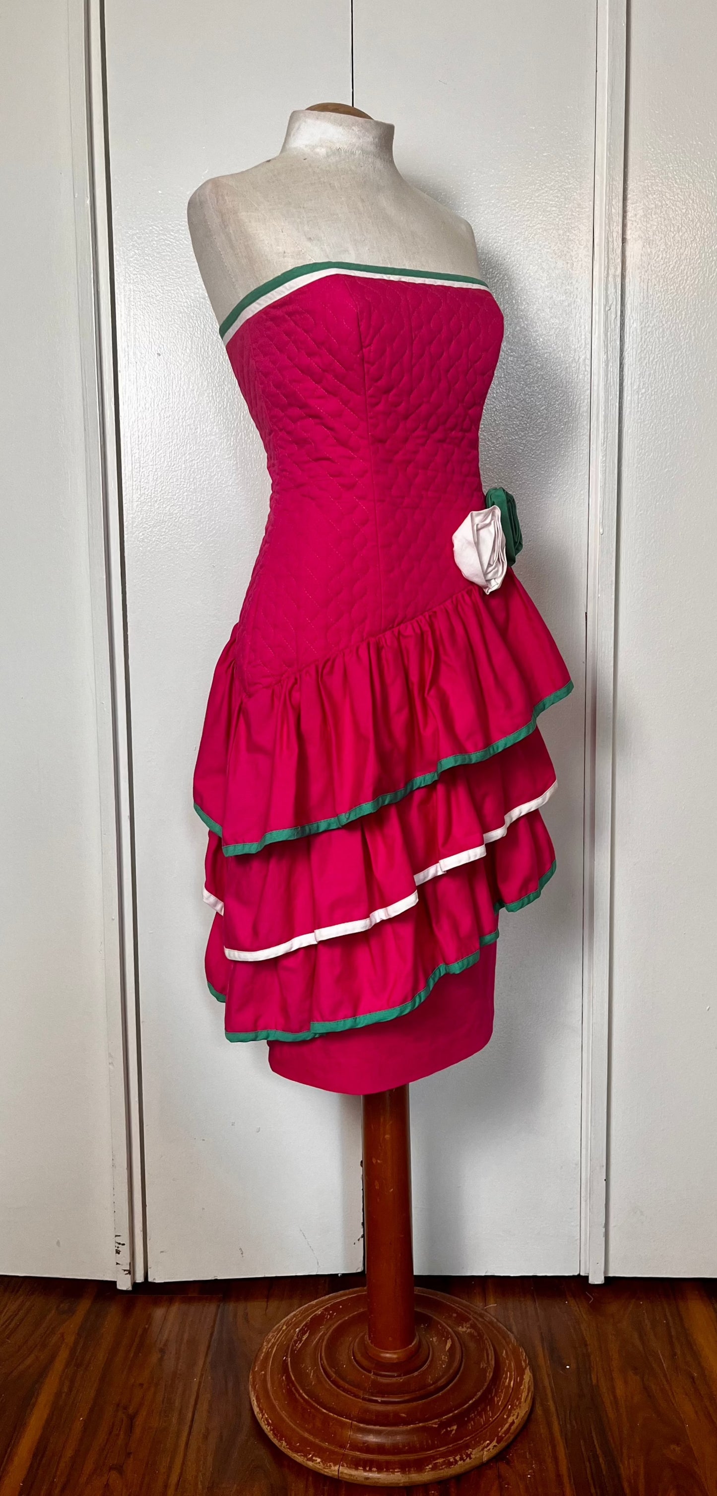 Vintage 1980's Hot Pink & Green Quilted Strapless Dress