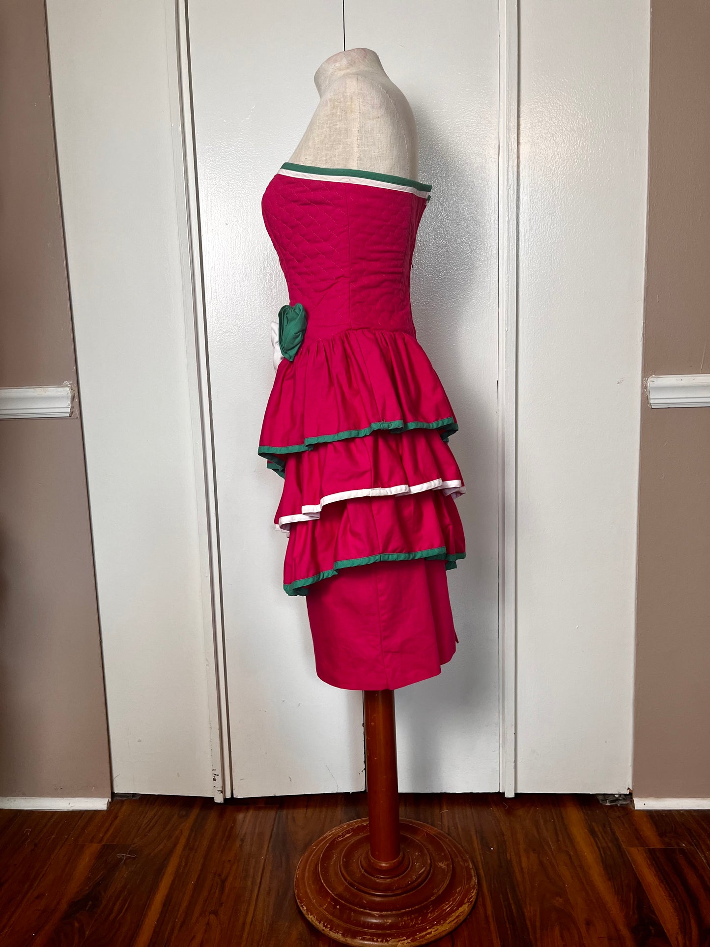 Vintage 1980's Hot Pink & Green Quilted Strapless Dress