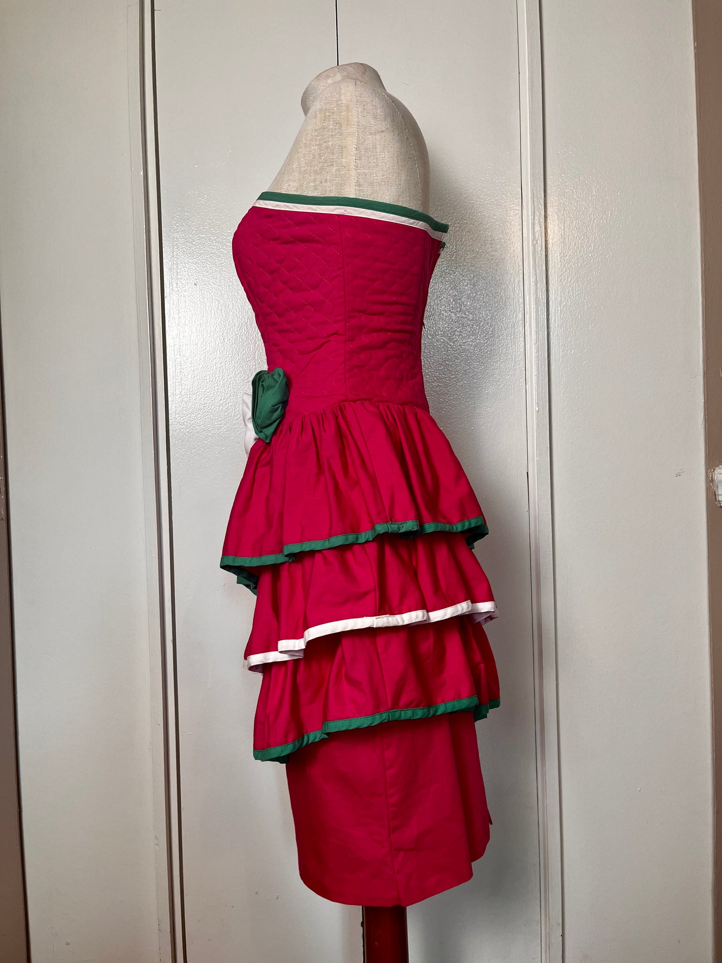 Vintage 1980's Hot Pink & Green Quilted Strapless Dress