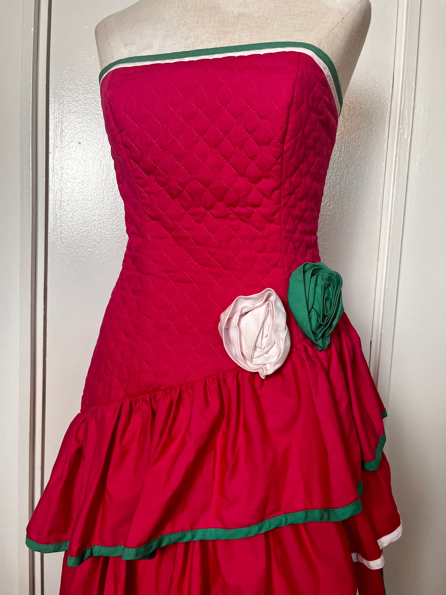 Vintage 1980's Hot Pink & Green Quilted Strapless Dress