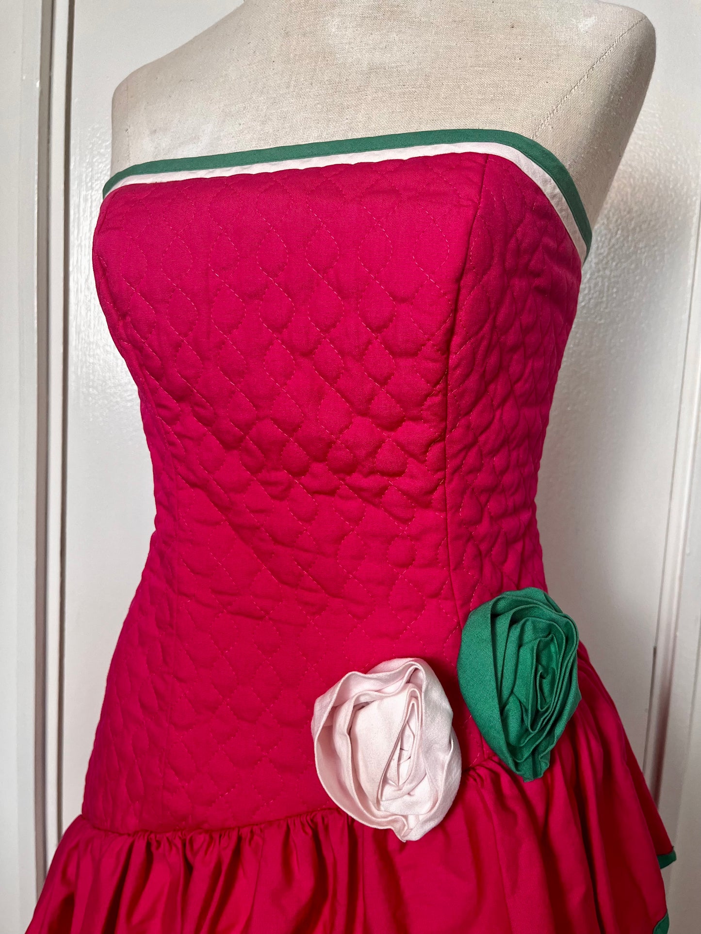 Vintage 1980's Hot Pink & Green Quilted Strapless Dress