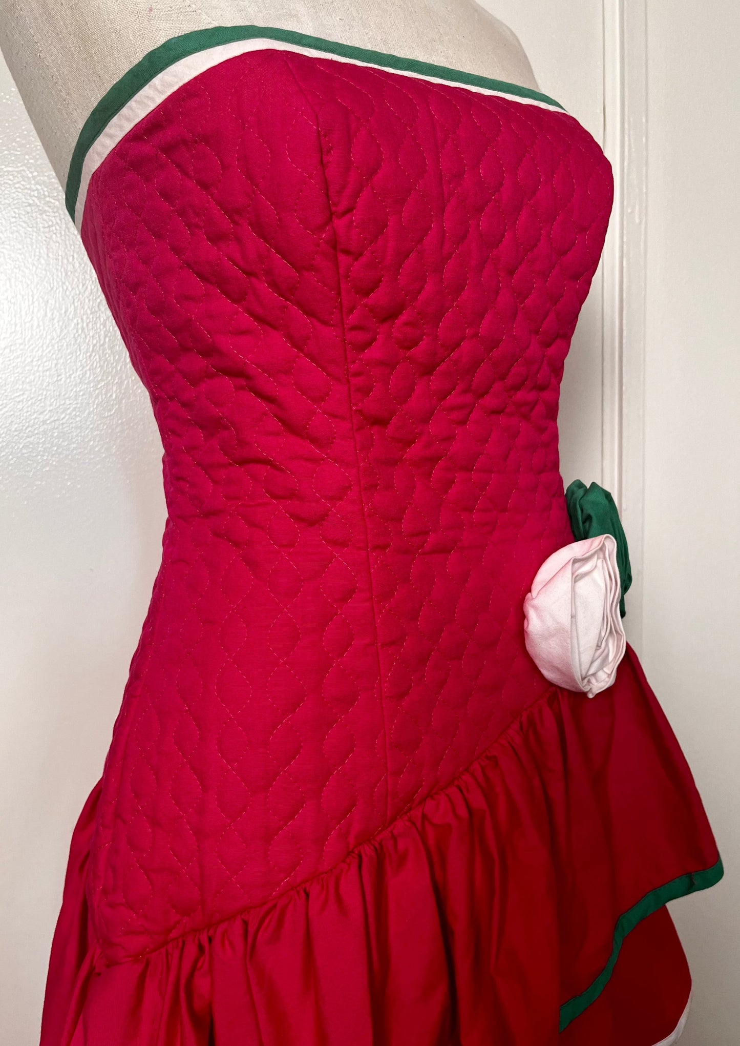 Vintage 1980's Hot Pink & Green Quilted Strapless Dress