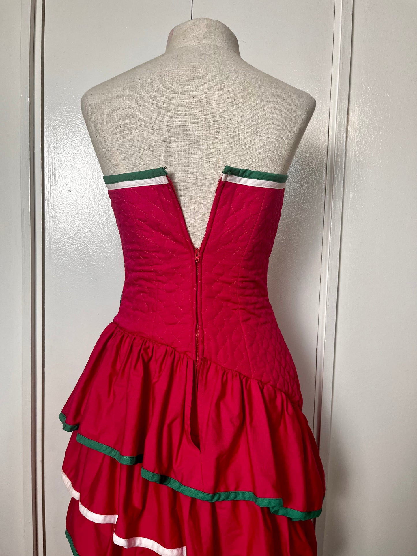 Vintage 1980's Hot Pink & Green Quilted Strapless Dress