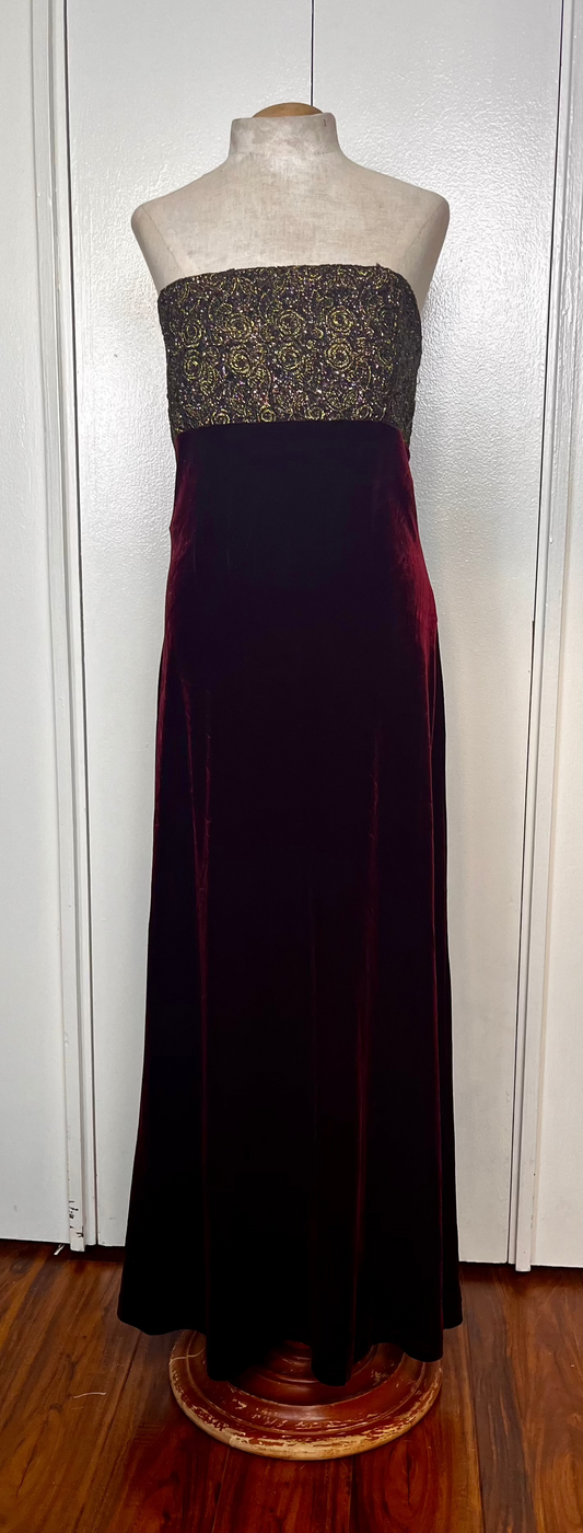 Vintage 1990's "Tom Barra" Burgundy & Gold Shimmer Strapless Maxi Dress